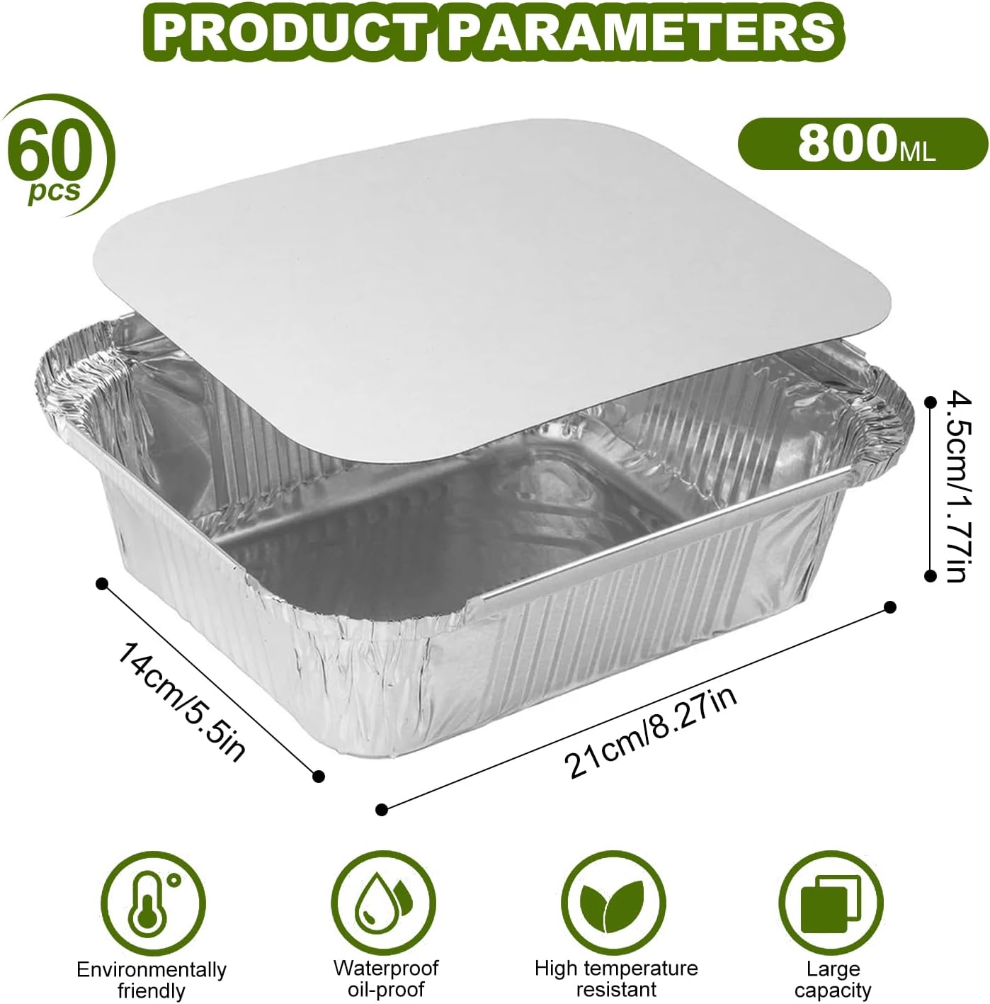 60Pcs Foil Trays with Lid, 21X14X5Cm Aluminium Foil Pan Foil Food Containers- Disposable Food Containers Takeaway Box BBQ Oven Baking for Cooking, Heating,Baking, Meal Prep and Freezer,Takeout image number 6