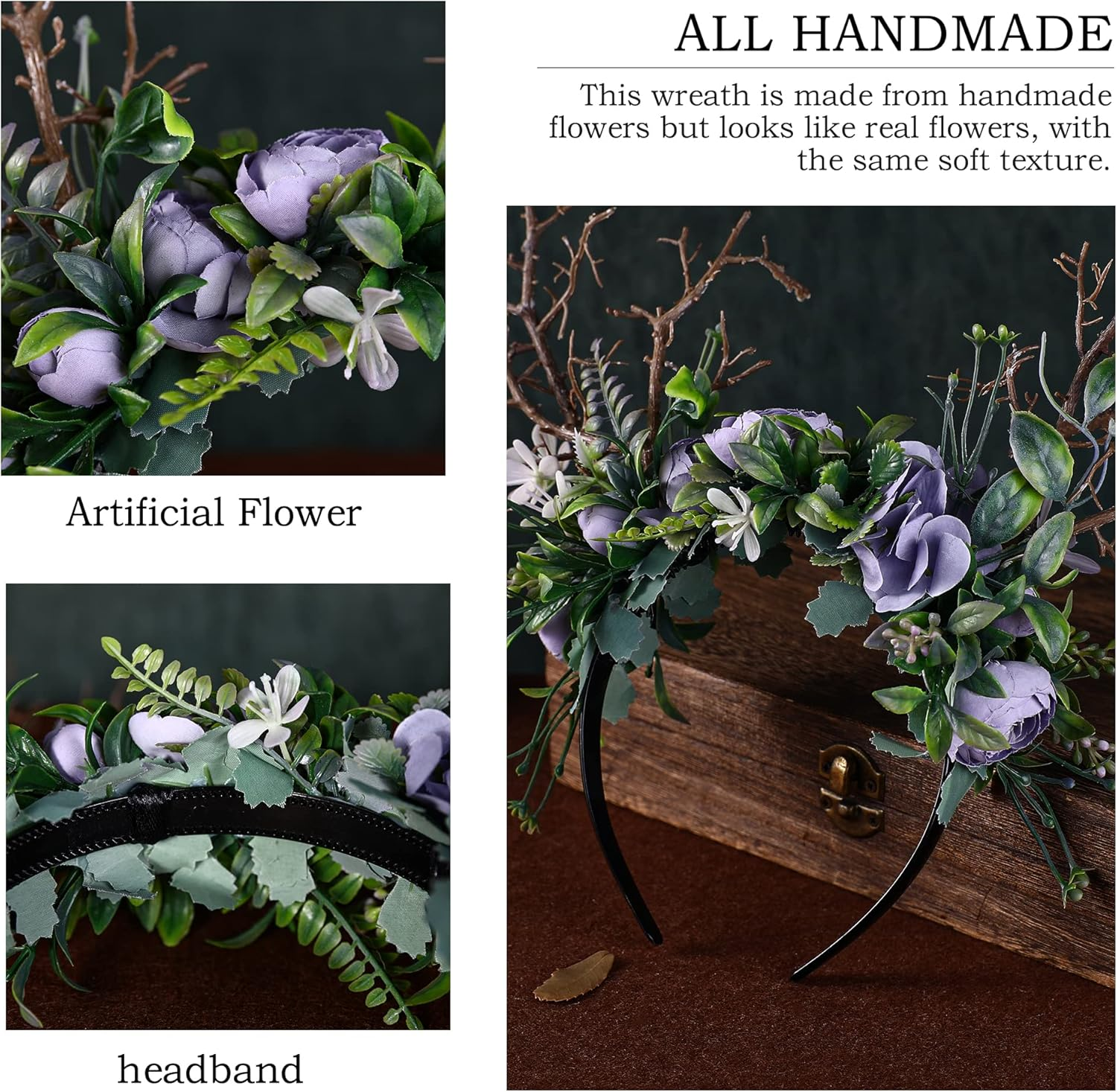 MOSTORY Handmade Forest Crown Antler Tree Branch Headband Purple Rose Flower Headpiece Woodland Fairy Hair Garland for Women Carnival Mardi Gras Renaissance Fair Fae Ball Prom Accessory image number 1