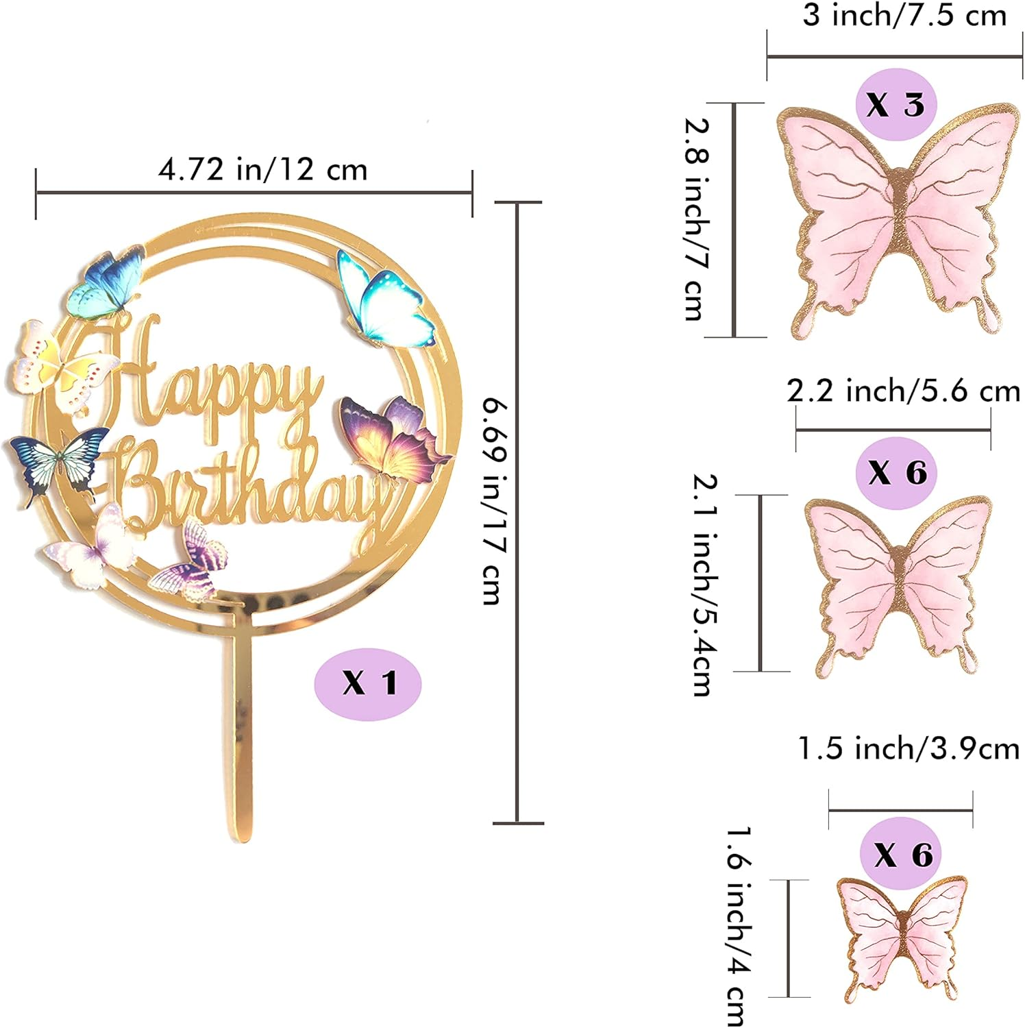 Butterfly Cake Toppers Decorations - 1 Big Happy Birthday Cake Topper & 15Pcs 3D Pink Gold Butterfly Cupcake Toppers - Butterfly Party Supplies for Baby Shower Birthday Decorating image number 4