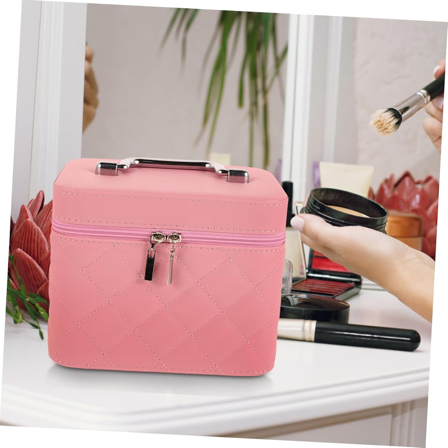 EXQUIMEUBLE Portable Makeup Case Small Pink Hard Travel Cosmetic Organizer Multi-Functional Makeup Storage Bag for Women image number 6