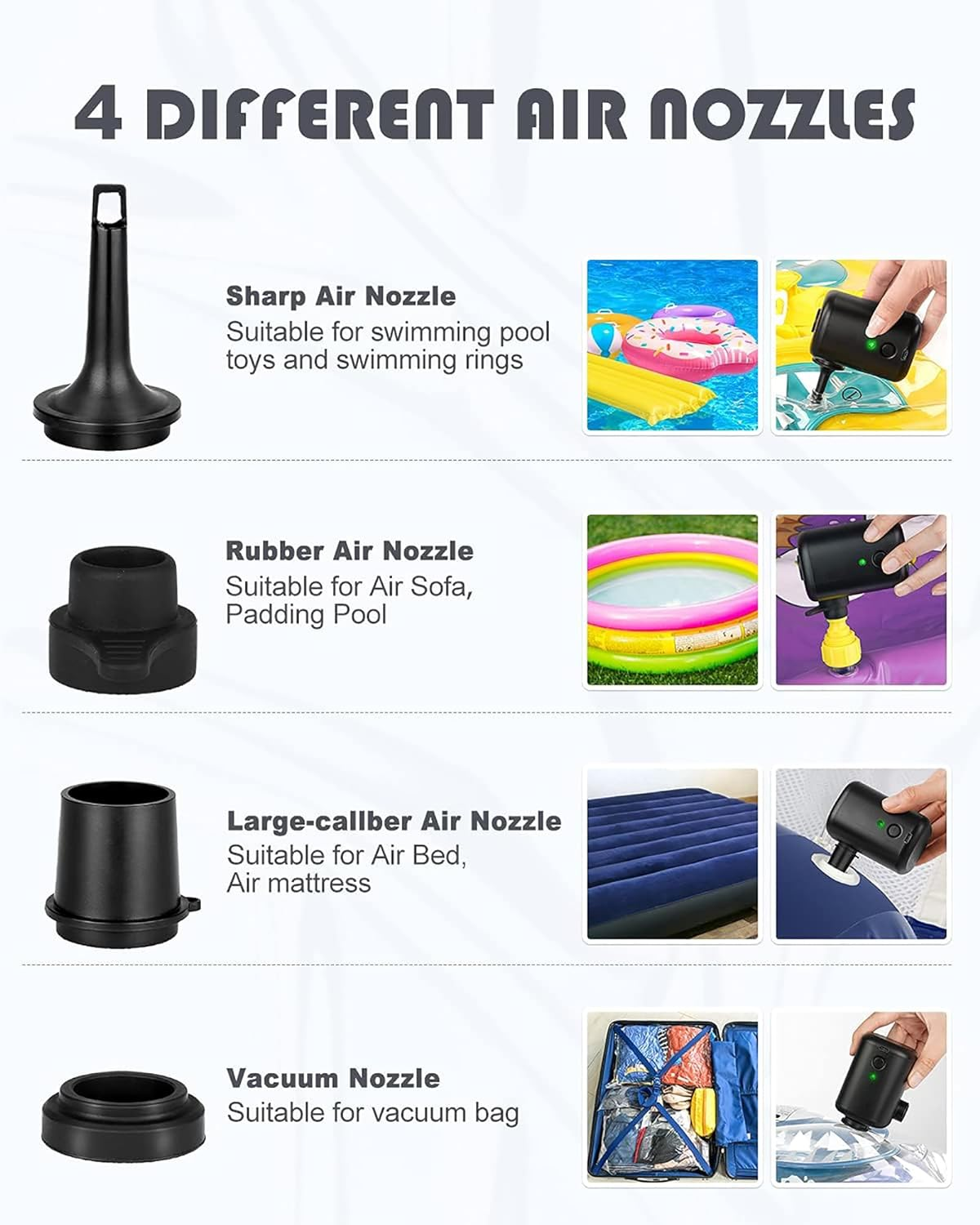 Electric Air Pump, Rechargeable Air Mattress Pump, 4000Pa 12W Mini Portable Inflator Pump with 4 Nozzles, Perfect for Air Mattress Bed/Swimming Pool Floats Toys/Swimming Ring/Vacuum Bags image number 2