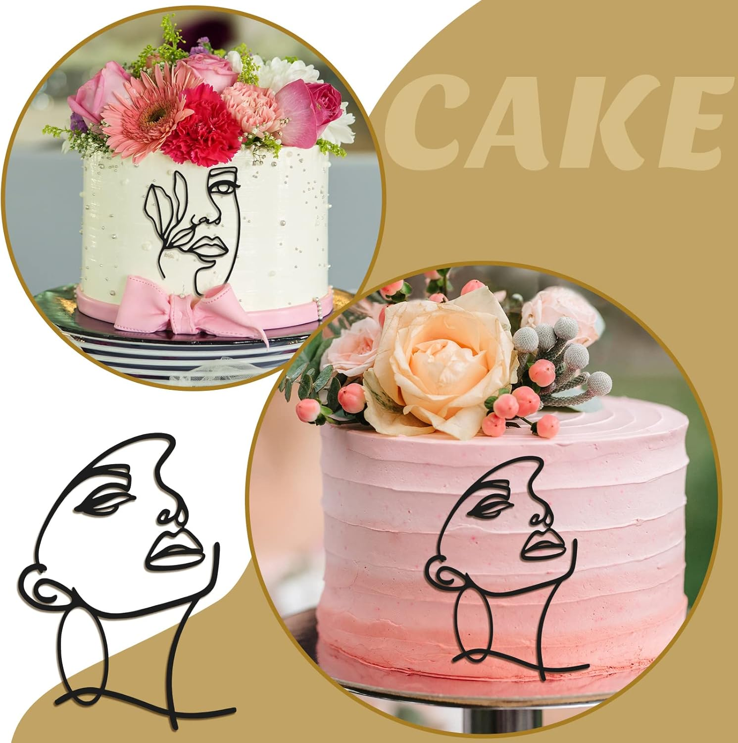 Kigley 22 Pcs Minimalist Art Lady Face Cake Topper Butterflies Cake Decoration Acrylic Wedding Birthday Boho Cake Toppers for Women Bridal Shower Party Supplies (Black)