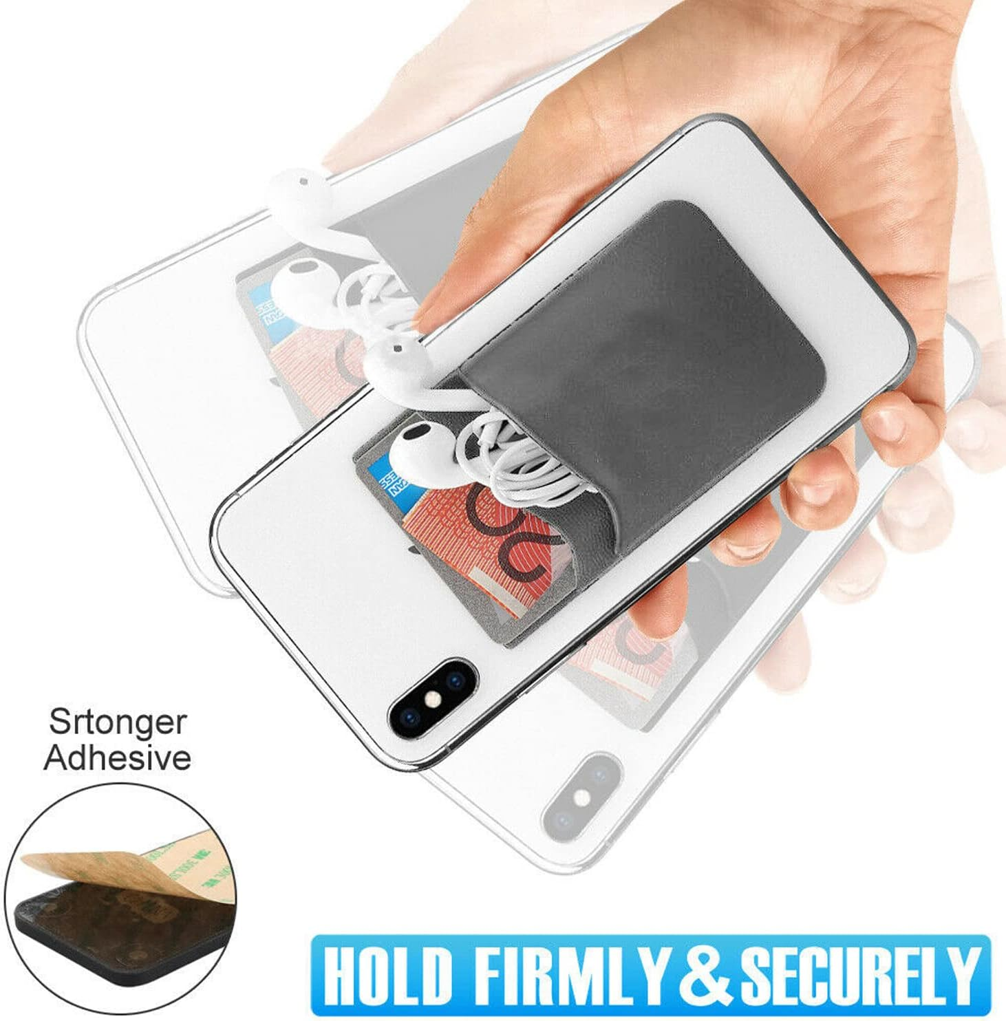 Adhesive Phone Card Holder Stick-On Phone Wallet ID Credit Card Holder Double Layers Pouch for Iphone Samsung Smartphones (Black) image number 4