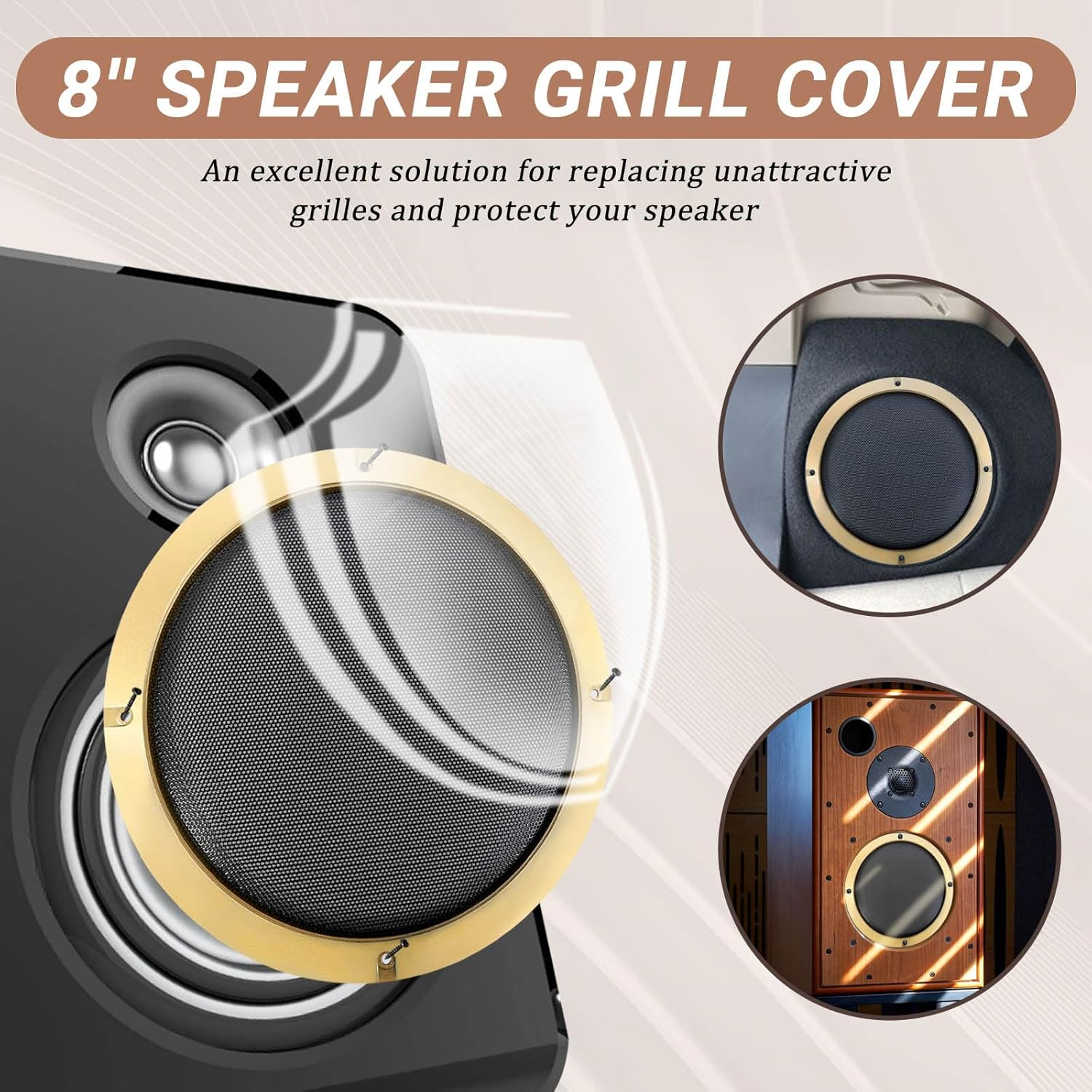 8'' Speaker Grill Cover 8 Inches Speaker Subwoofer Grill Grille Cover with Metal Mesh and Gold Plastic Rim for Car Speakers, Home Speakers image number 2