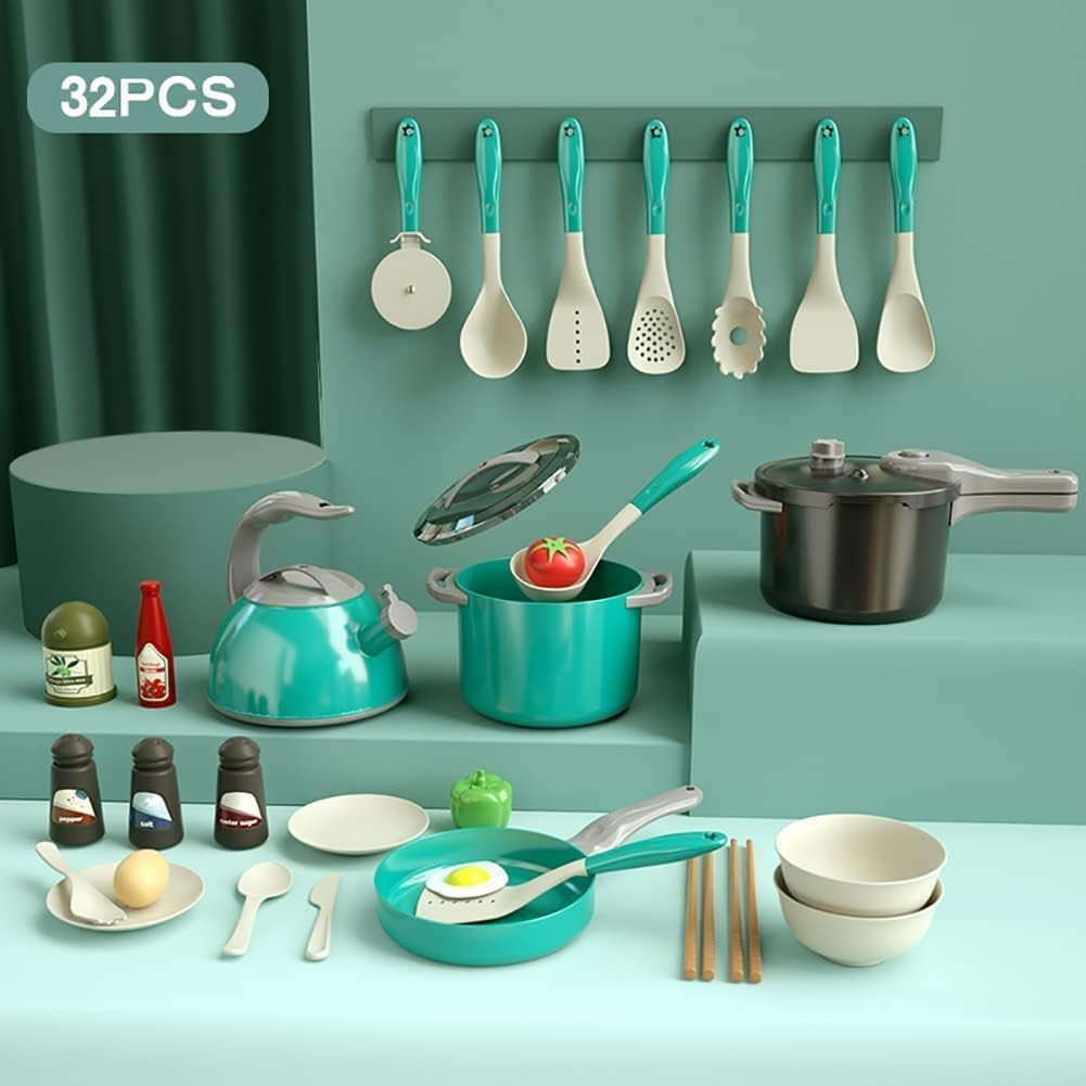 32Pcs Kids Kitchen Accessories Set,Toddlers Pretend Cooking Playset,Play Kitchen Toy with Pots Pans, Utensils Cookware, Foods, Canned Veges, Play Food Sets Toys for Kids Girls Boys(Green) image number 6