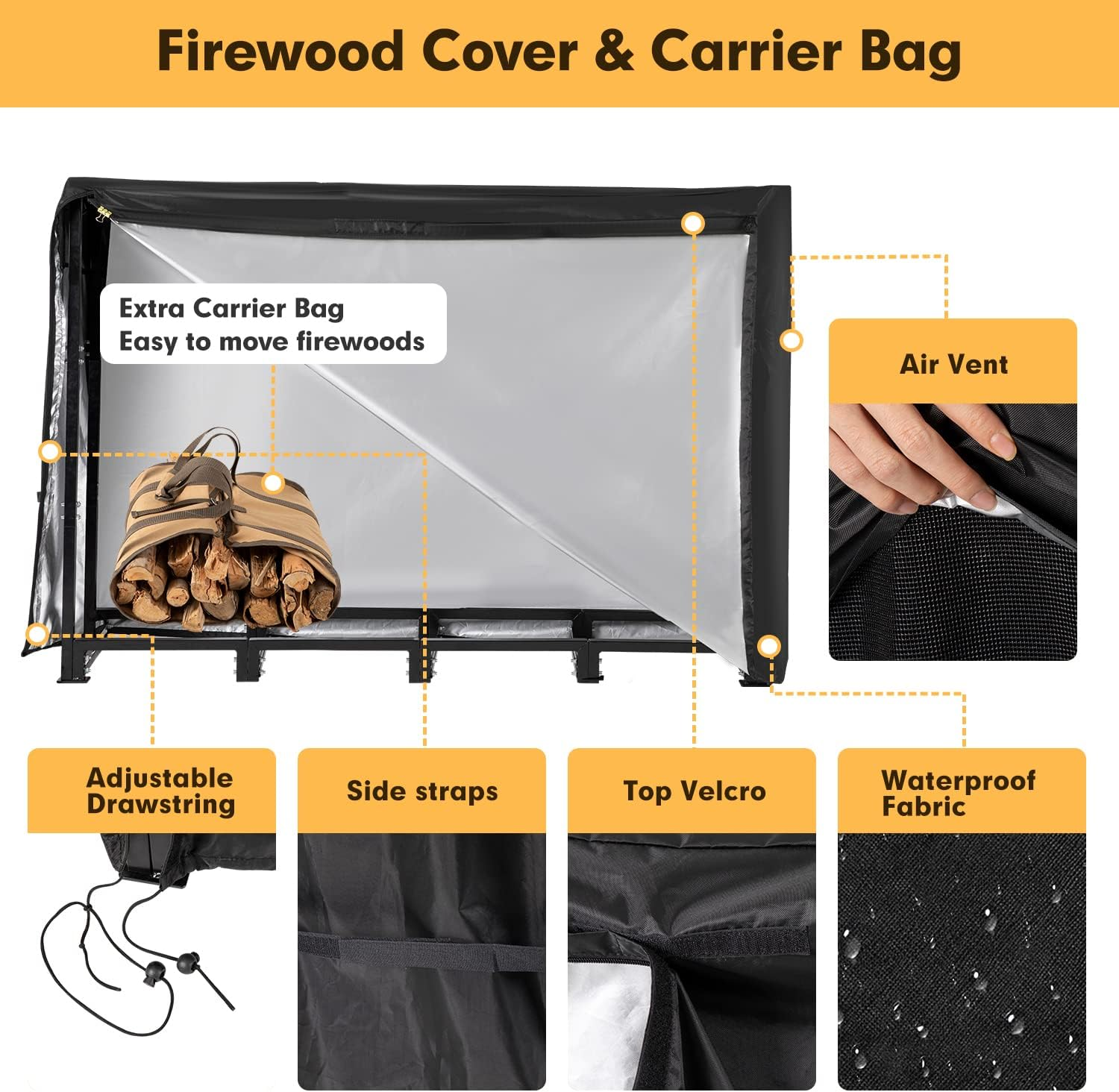 Nalone 8FT Outdoor Firewood Rack with Cover&Carry Bag Heavy Duty Square Strong Stand Rack with Waterproof Cover for Fireplace Fire Pits Wood Pile Storage Holder Lumber Rack