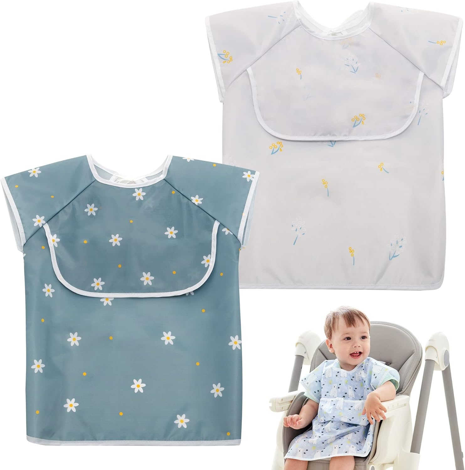 Little Dimsum 2 Pcs Baby Food Bib Short Sleeves Waterproof Feeding Apron Smock with Top Pocket Bag for Babies/Toddlers/Infants (Flower Sets) image number 3