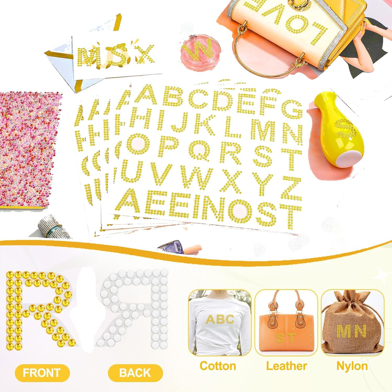 Wzenclave 6 Sheets Rhinestone Letters Stickers, Glitter Self Adhesive Diamond Alphabet Stickers Crystal Gem Border Sticker,Diy Decorative Self-Adhesive Sticker, Used for Suitcases, Books, Clothing image number 2