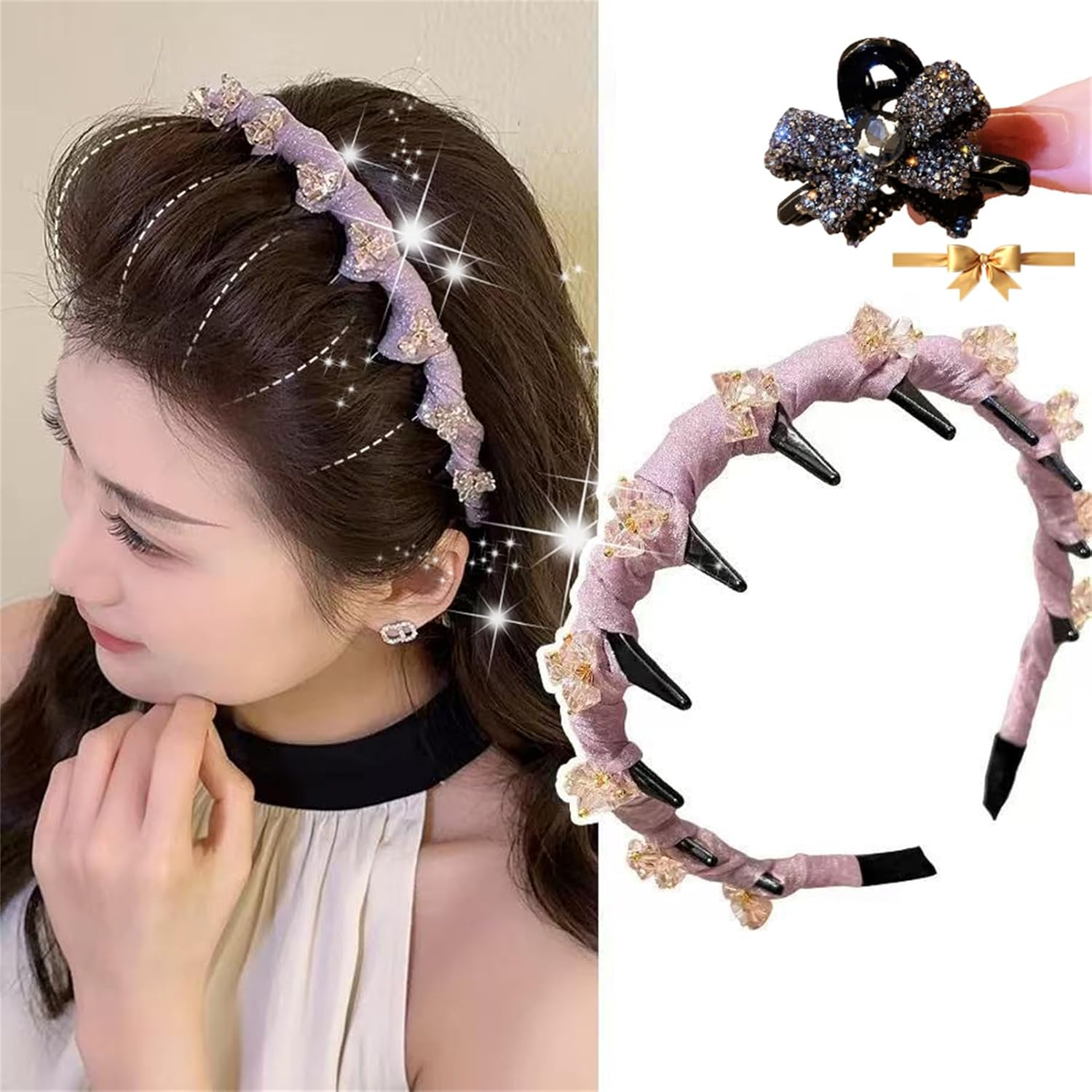 New Vintage High Cranium Artificial Pearl Hairband Elegant Braided Pearls Headbands with Teeth, Anti-Slip Decorative Hair Bands Fashion Hair Accessories for Women Rhinestone-Black image number 5