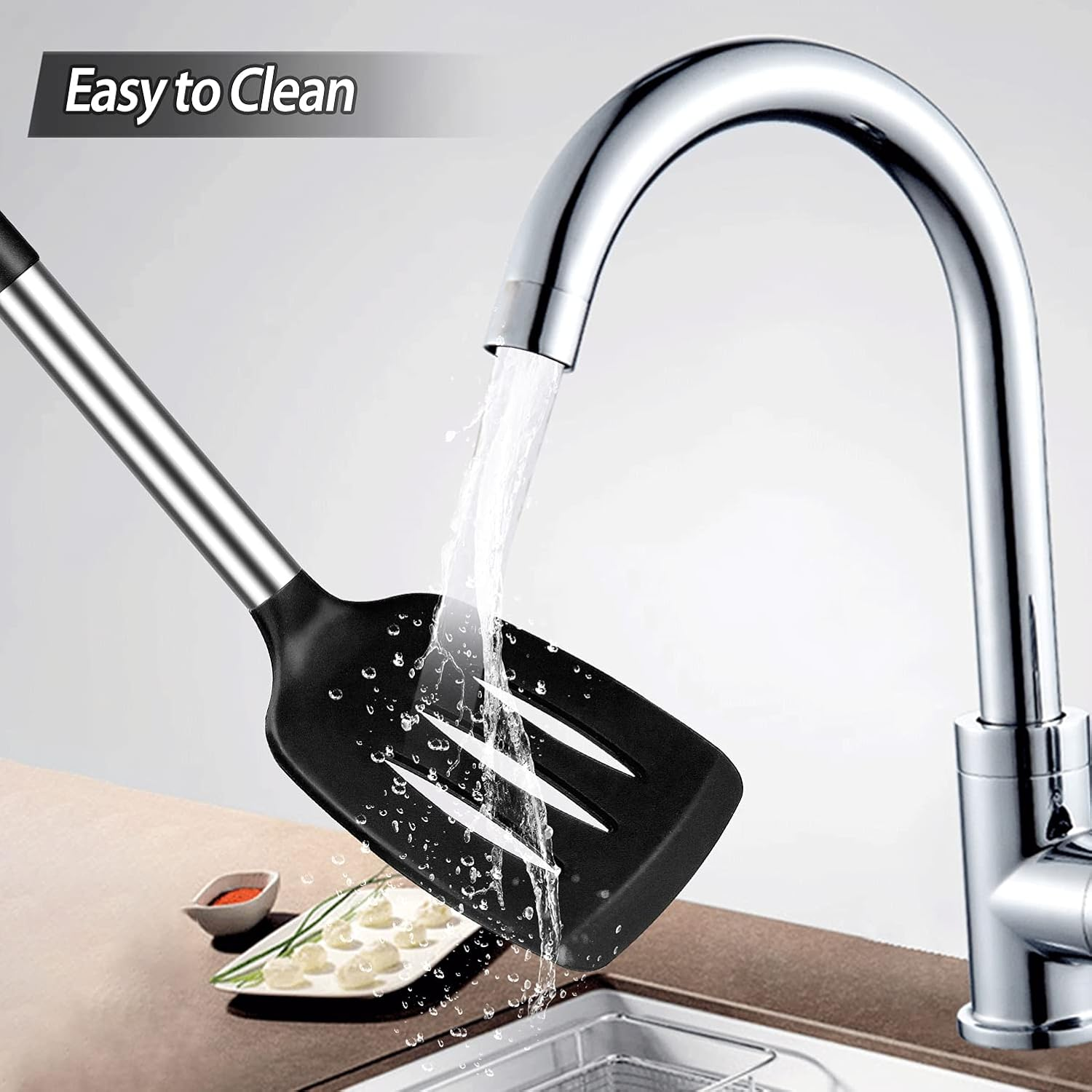 2 Pack Silicone Spatulas Turners, Stainless Steel Cooking Utensils BPA Free,Heat Resistant,Non Stick,Rubber Spatulas for Fish, Eggs, Pancakes, WOK, Black - Gray image number 2