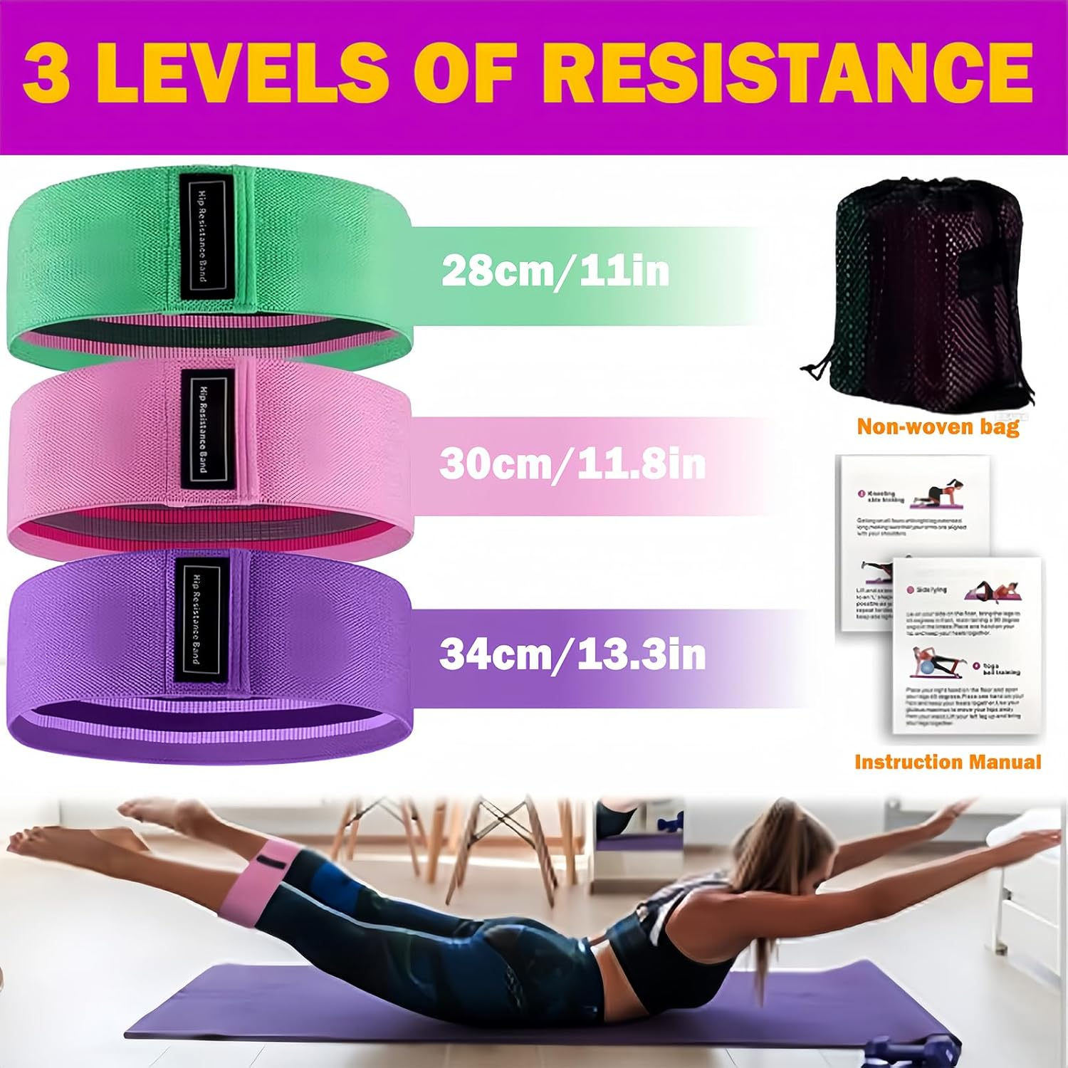 Rsistance Bands Set, 3 Levels Non-Slip Fabric Booty Bands for Hips & Glutes, Exercise Bands for Women & Men &ndash; Ideal for Home Fitness, Yoga, Pilates image number 3