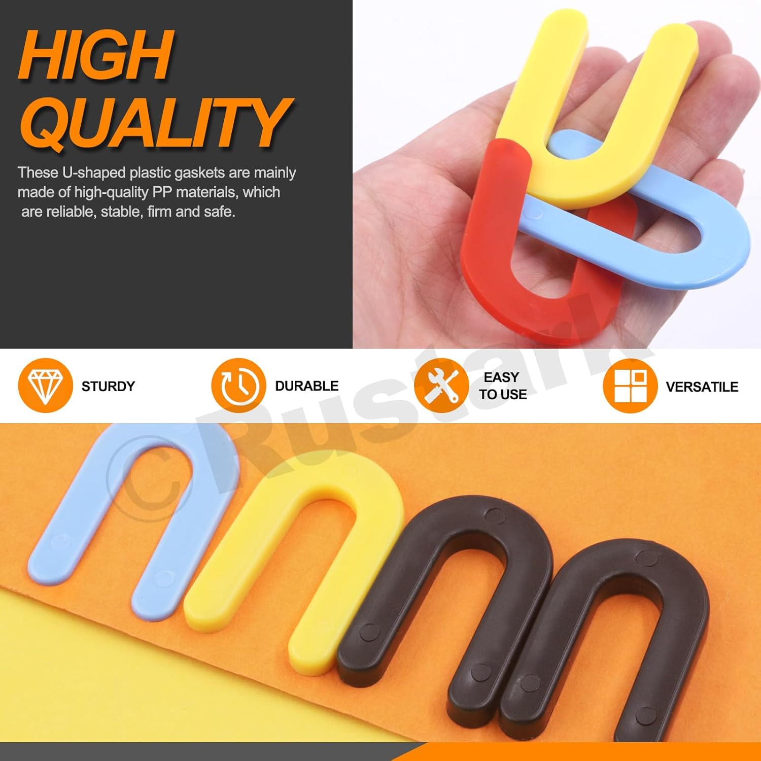 Rustark 200Pcs 4 Sizes Plastic Shims U Shaped Horseshoe Shim Tile Spacers Assortment Kit Black 1/4Inch, Yellow 3/16Inch, Red 1/8Inch, Blue 1/16Inch