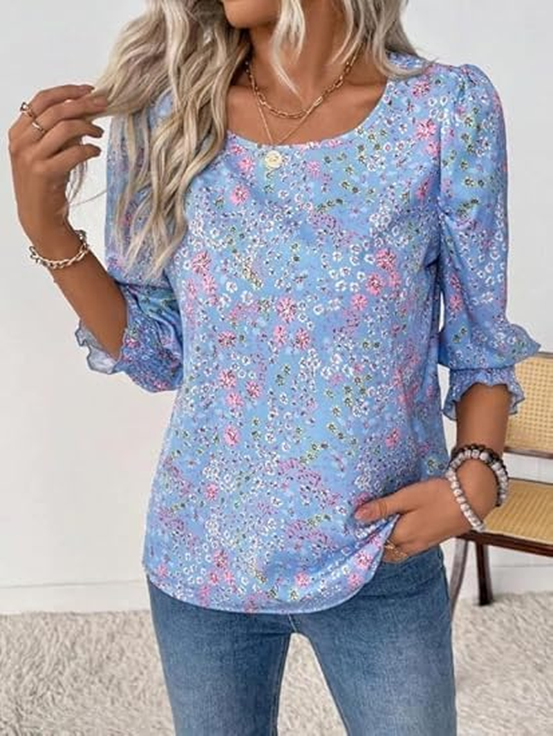 Frontaley Women Sleeve Blouse, Frontley Tops for Women, Dressy Casual 3/4 Length Sleeve Blouses Smocked Cuffs image number 5