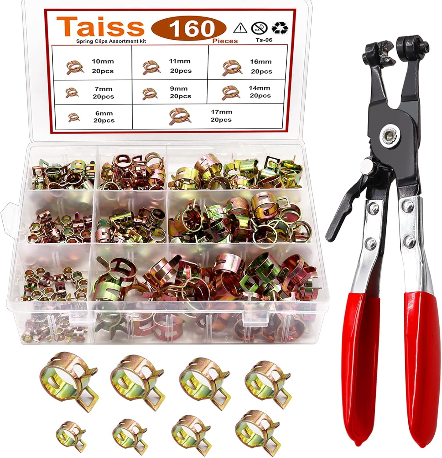 Taiss 160PCS 6-17Mm Spring Band Type Hose Pipe Clamp Assortment Kit.Low Pressure Air Clip Clamp for Hose Fuel Silicone Vacuum Sleeving Hose Clamp (6Mm 7Mm 9Mm 10Mm 11Mm 14Mm 16Mm 17Mm)