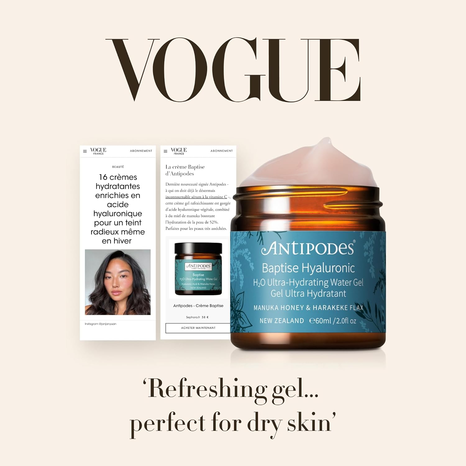 Antipodes Baptise H2O Ultra-Hydrating Water Gel Moisturiser &ndash; Plant-Based Hyaluronic Acid & Manuka Honey &ndash; Hydrating Moisturiser &ndash; Dry Skin, Dehydrated Skin & Most Skin Types &ndash; 60Ml image number 3