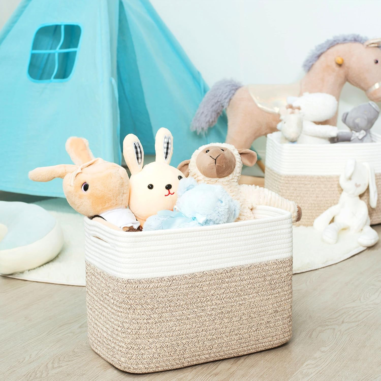 MINTWOOD Design 3-Pack Storage Baskets for Shelves, Playroom and Classroom, Decorative Storage Cube Bins, Woven Closet Organizers, Pantry and Shoe Organizer, Light Brown image number 2