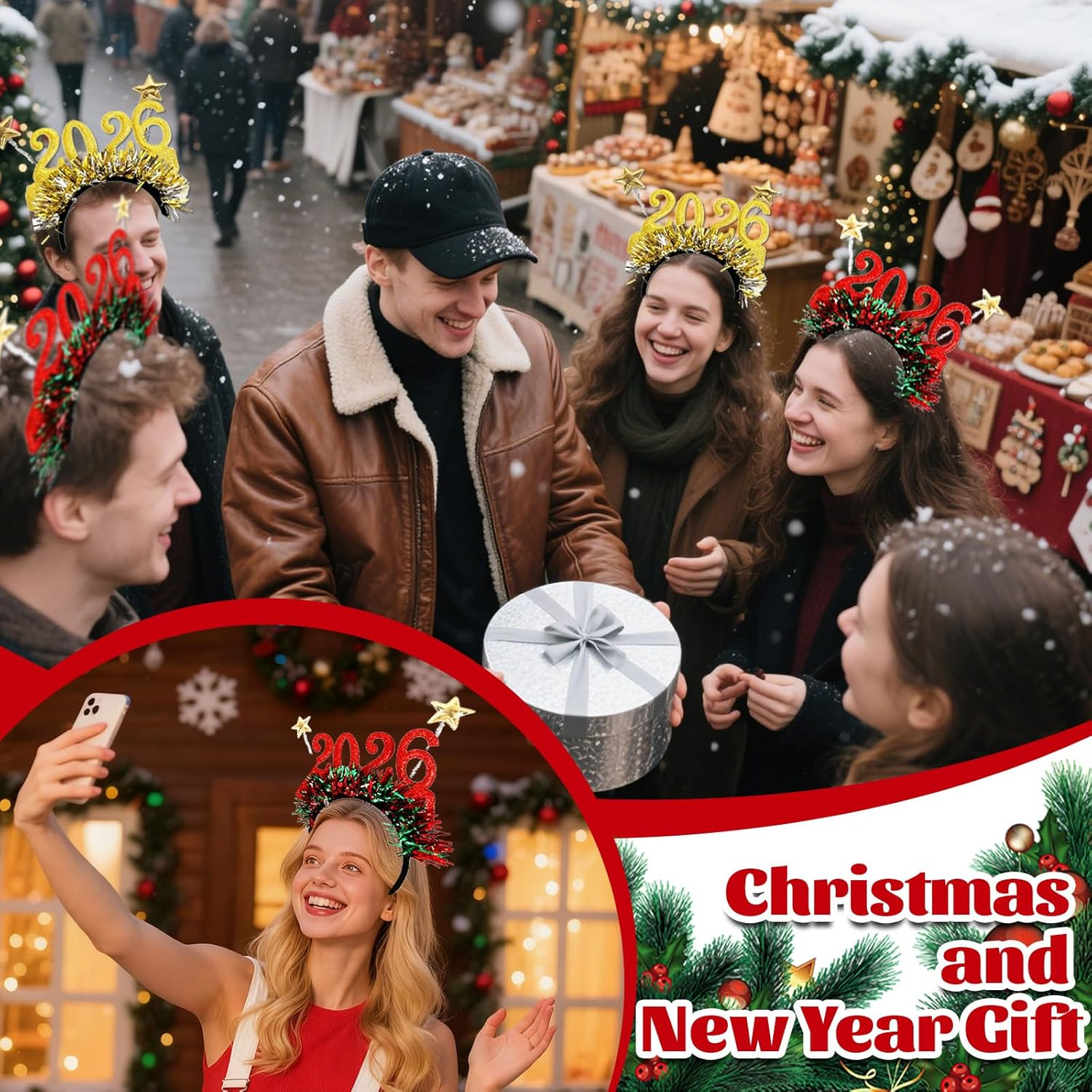 Oneroomone Pack of 2 Headband Christmas Photo Props 2026, 2026 Happy New Year Headband - 2 Pieces Festive Colour Stripes Headdress 2026 - Christmas Accessories Decorations (Gold/Red) image number 6