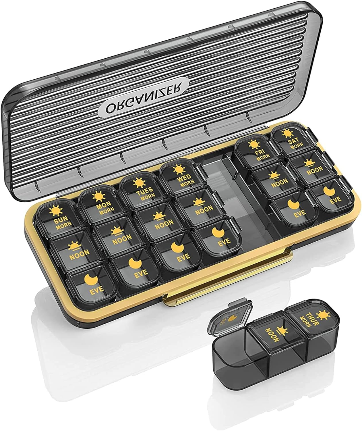 Weekly Pill Organizer, 3-Times-A-Day Pill Container 7 Day Vitamin Pill Box Portable Travel Medicine Box with 7 Daily Container, Medicine Dispenser Case for Vitamins, Fish Oils, Supplements