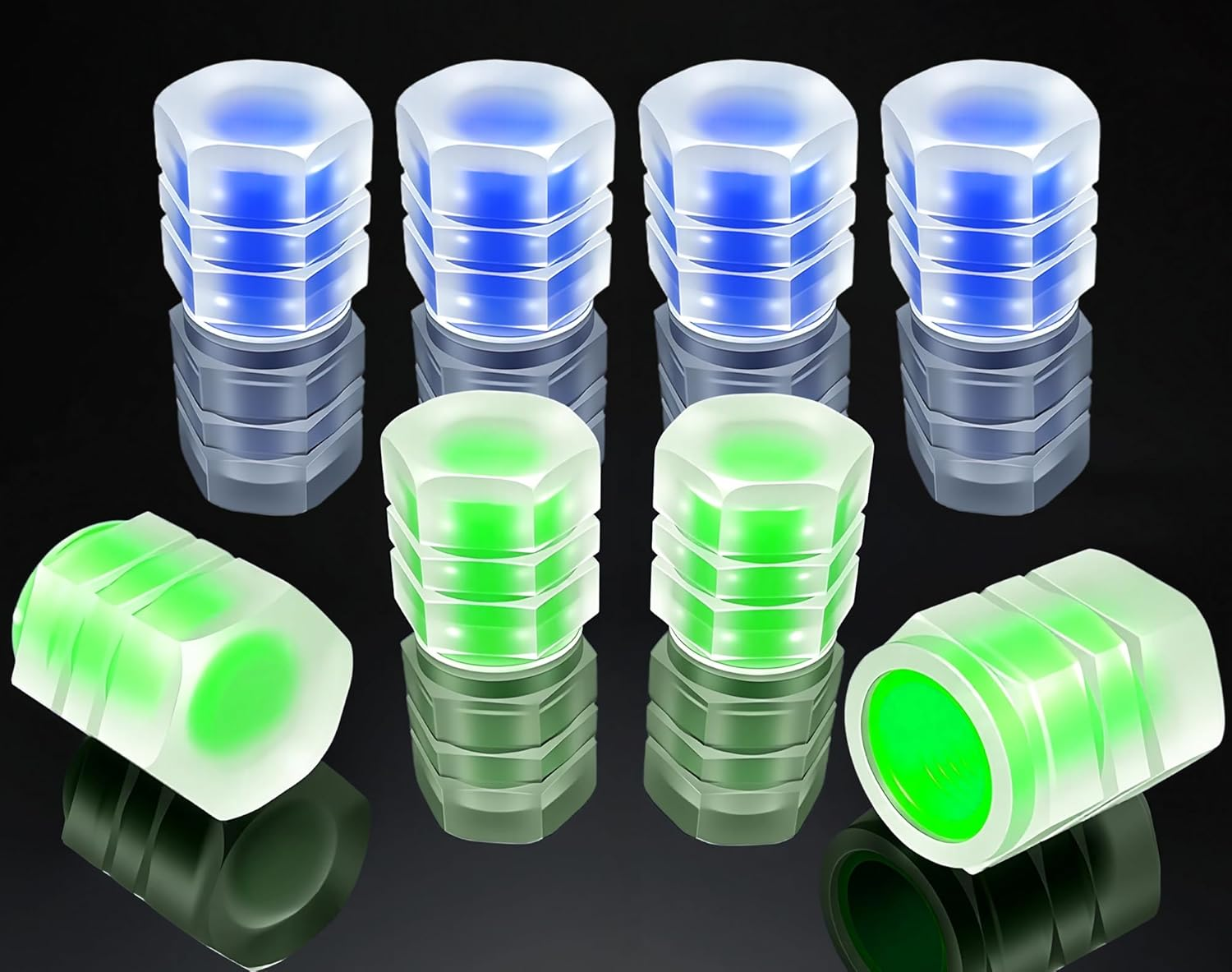 8PCS Fluorescent Tire Valve Stem Caps, Luminous Car Tire Air Cap, Corrosion Resistant Leak-Proof Wheel Valve Cover, Universal for Cars, Trucks, Bikes, Motorcycles, Bicycles(Green)