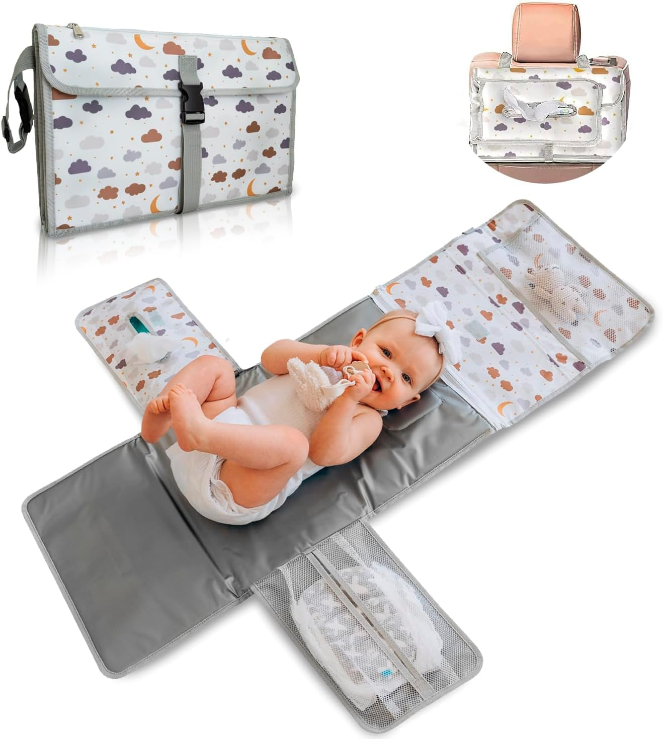 Changing Mat for on the Go Compact Changing Mat XL - Combinable Removable Changing Bag with 6 Compartments, Cloth Dispenser and Comfortable Pillow for Your Baby'S Head. - Brown image number 4