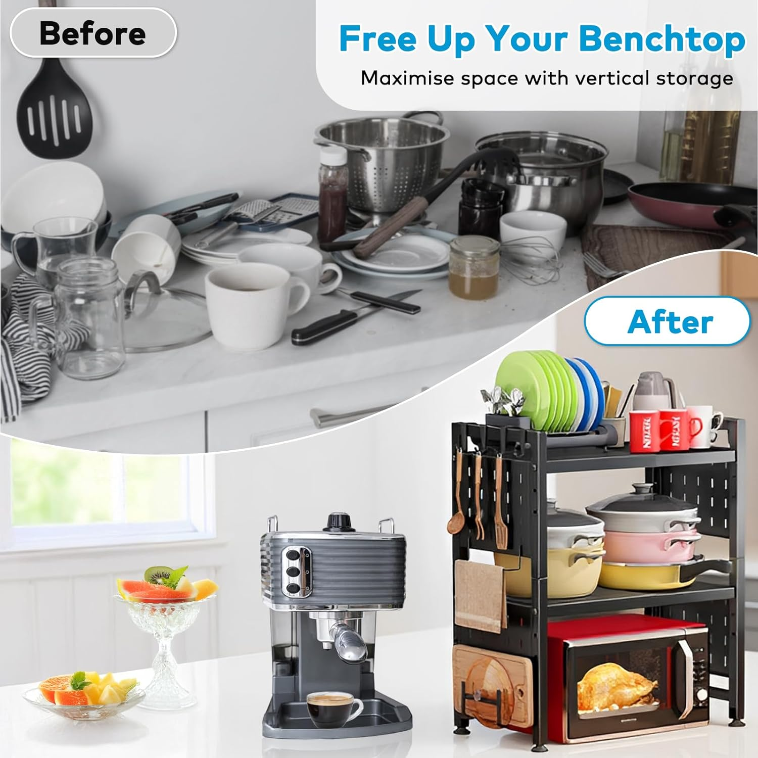 Microwave Shelf, 3-Tier Expandable Microwave Stand with DIY Pegboard &ndash; Adjustable Kitchen Benchtop Oven Rack with Towel Bar, Cutting Board Holder & 15 Hooks (Black) image number 2