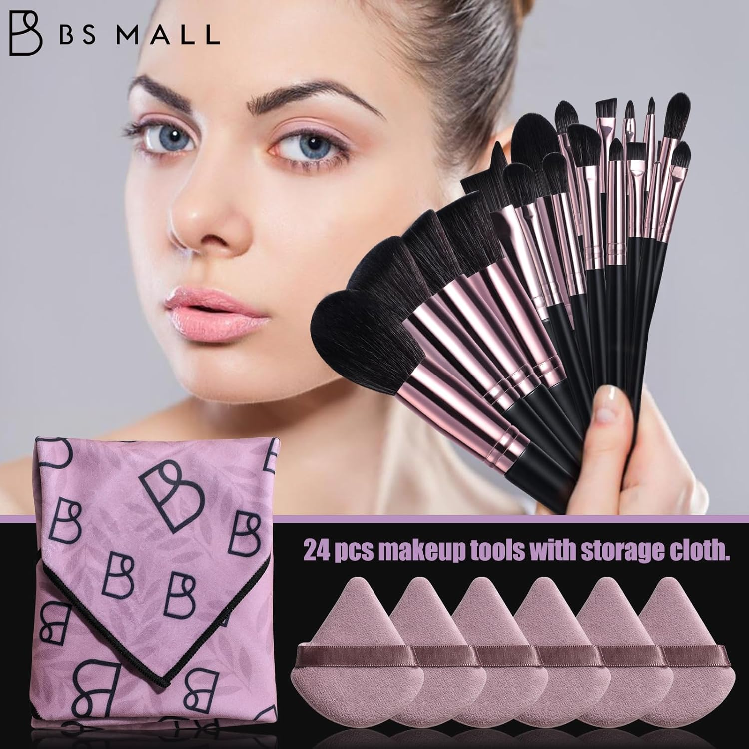 BS-MALL Makeup Brushes Set 25 Pcs with Triangle Puff &ndash; Travel-Friendly Magic Tape Storage Bag for Brush Organization, Black and Pink image number 2