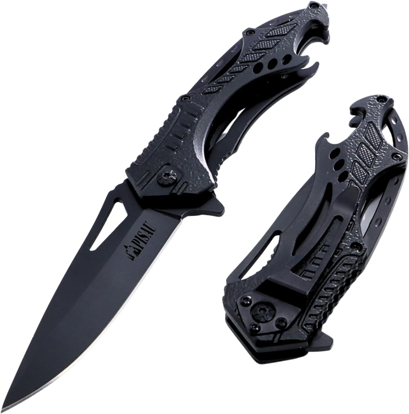 Folding Pocket Knife with Liner Lock, Bottle Opener and Glass Breake (Black)