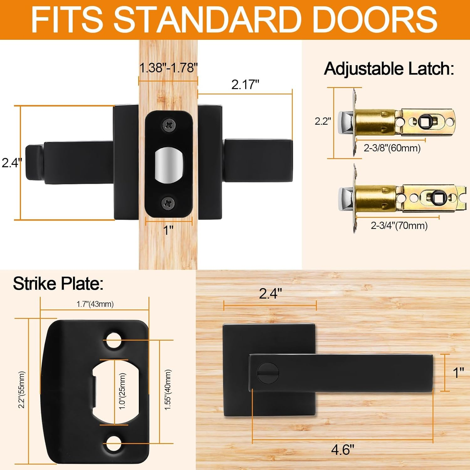 8 Pack Matte Black Door Handles Privacy Door Levers, Keyless Interior Door Knobs Square Door Levers Heavy Duty Door Locks for Bedroom Bathroom, Reversible Flat Levers image number 5