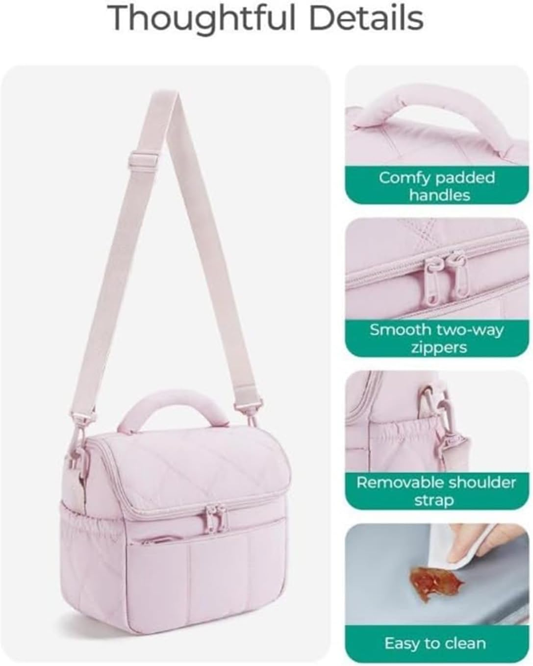 Lunch Cooler Bag for Women, Cute Quilted Insulated Lunch Tote, Lightweight Puffy Waterproof Design for Work, Office, School, Picnic and Travel, Beige