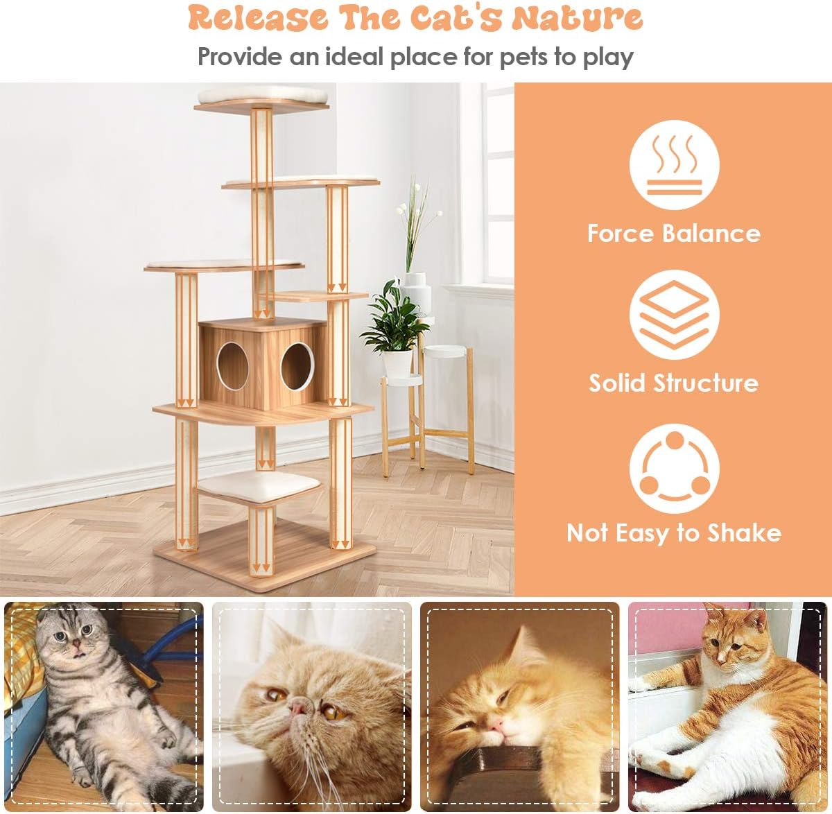 Cat Tree, Wooden Cat Tower with 6-Layer Platform, Sisal Rope Scratching Posts, Washable Plush Cushions, Cat Condo Furniture Activity Center Tower for Indoor Cats Kittens Relaxing image number 1