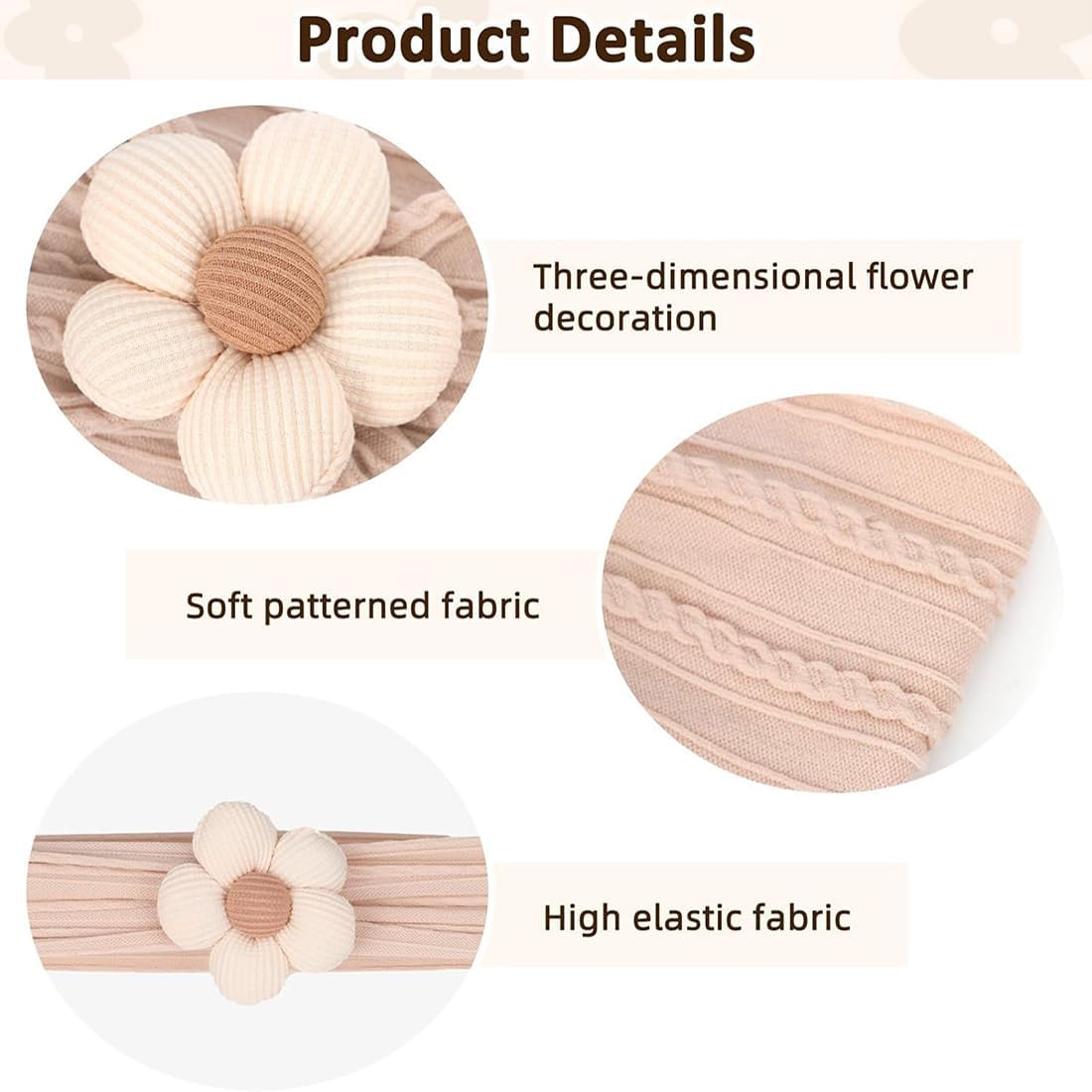 3Pcs Baby Girls Flower Headbands, Soft Elastic Baby Nylon Hairbands Baby Flower Headbands, Stretchy Handmade Hairbands Headwrap Hair Accessories for Newborn Infant Kids（Beige Pink Khaki）