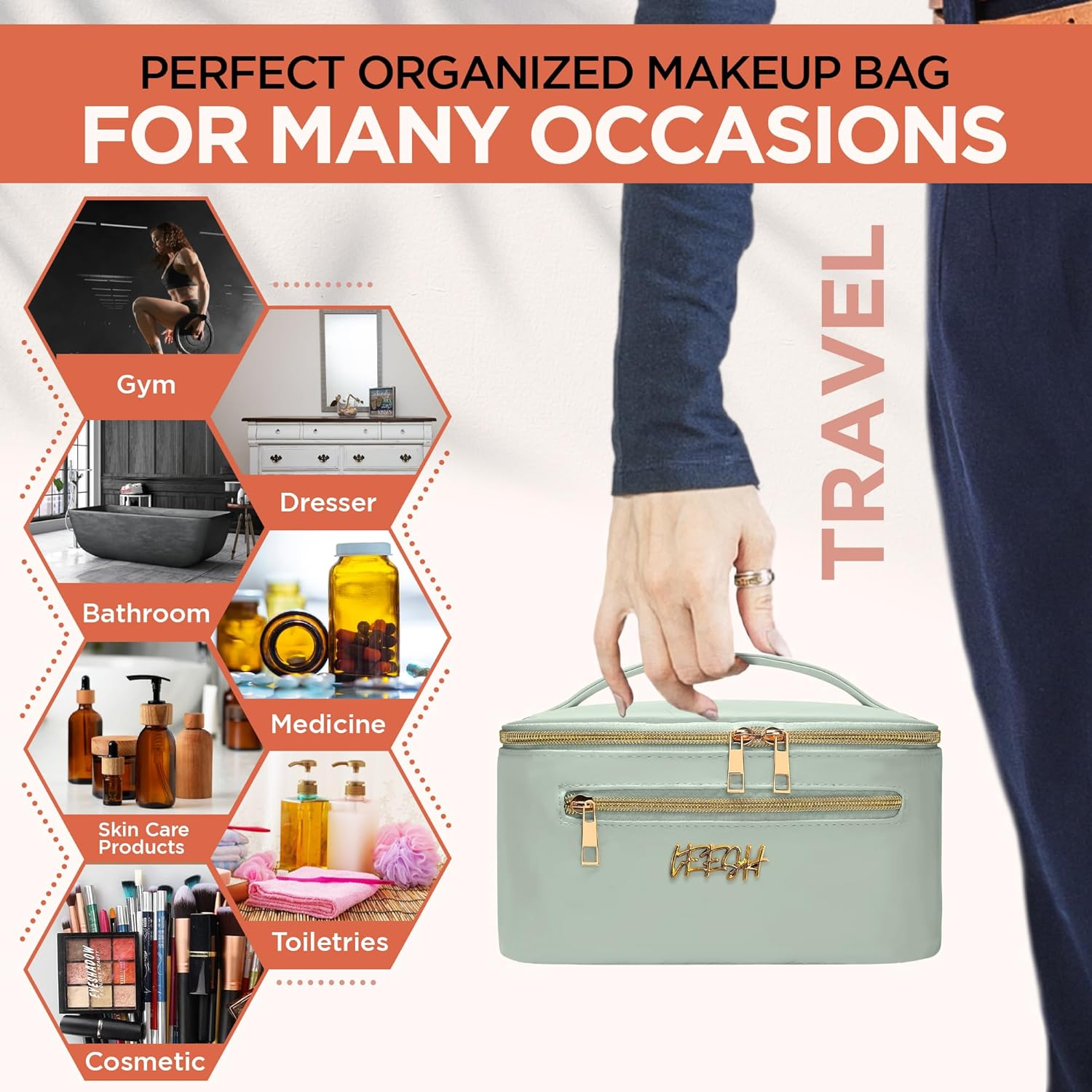 Leesh & CO Makeup Bag - Large Travel Cosmetic Organizer with Brush Holders for Women - Eco-Friendly Vegan Leather, Waterproof & Durable Cosmetics Bag - Perfect for Toiletries, Beauty Products (Green) image number 5