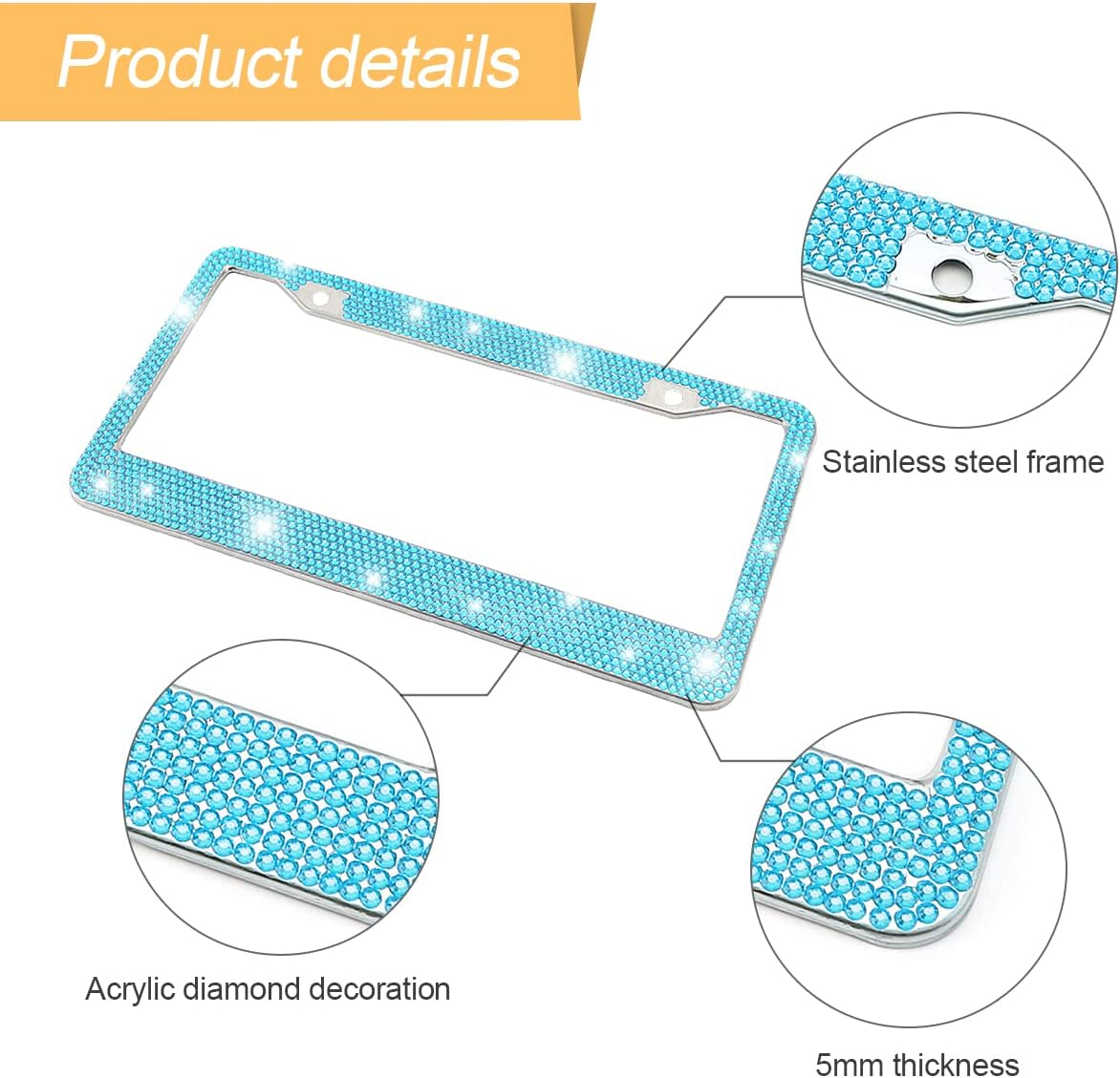 Bling Car License Plate Frame, Sparkly Rhinestone Stainless Steel License Plate Cover/Holder, Universal for Most Cars, Suvs, Vehicles with Screw Set, Auto Accessories for Women (Light Blue) - Ab Color image number 6