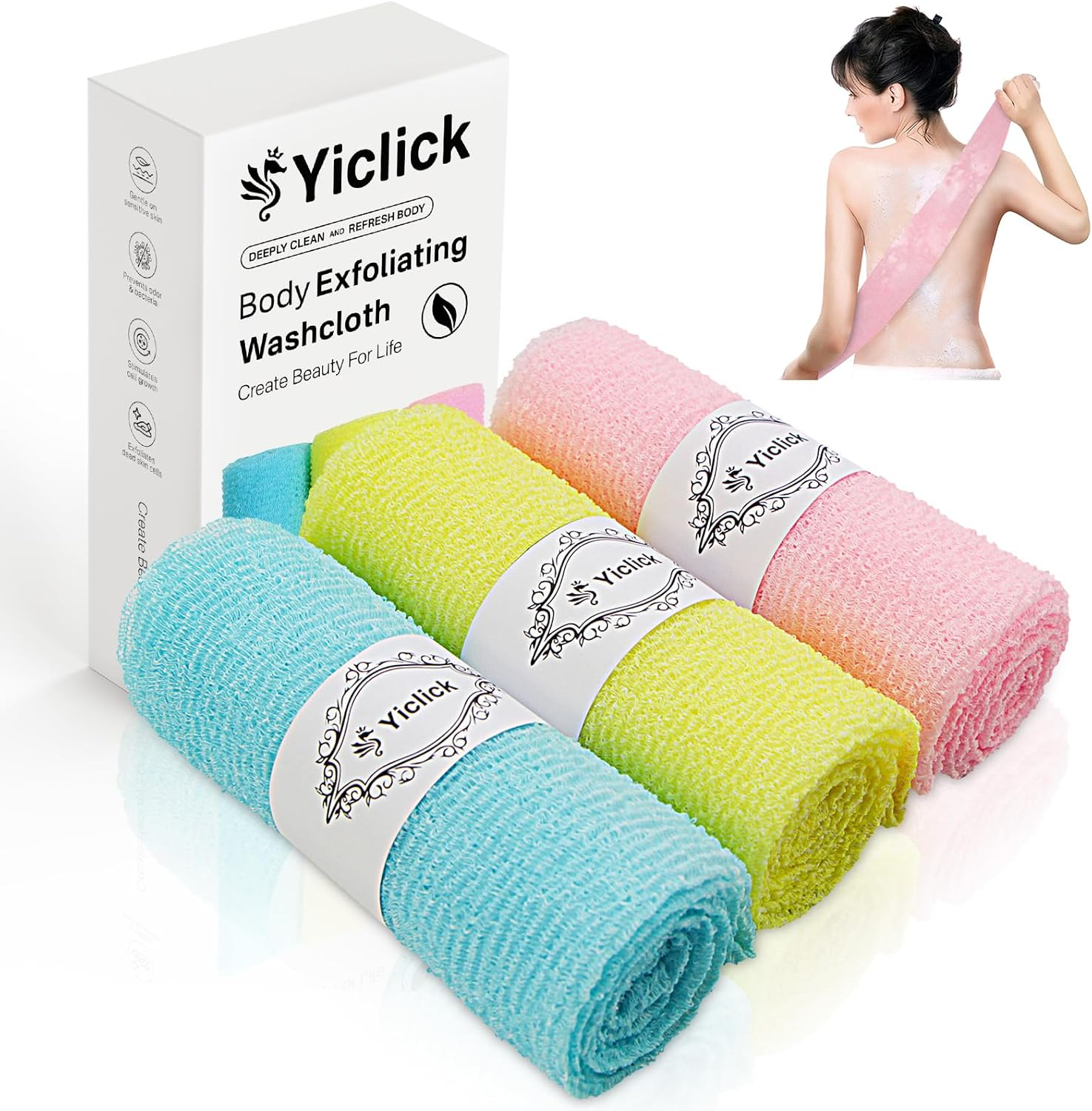 Yiclick Exfoliating Washcloth Towel [3 Pack], Japanese Exfoliating Bath Wash Cloth, Korean Back Scrubber Washer, African Net Sponge Brush Loofah Exfoliator (Multicolor) image number 1