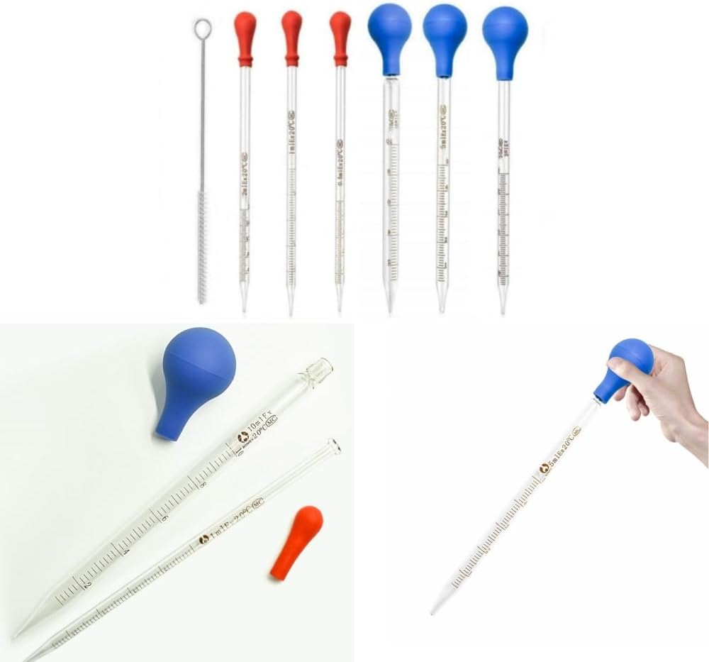 Changyeah 6 Pieces Glass Pipettes Graduated Dropper,0.5Ml /1Ml/ 2Ml/ 3Ml /5Ml /10Ml Glass Pipettes Graduated Dropper,Long Glass Pipette Dropper with 6 Rubber Caps and 1 Pcs Droppers Brush image number 2