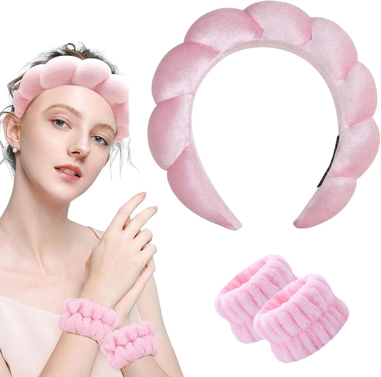 JOOTUEPO 3 Pieces Spa Headband for Washing Face, Elastic Hairbands Face Washing Wristband, Sponge Puffy Makeup Headbands for Women Girls Shower/Sports/Yoga (Pink) image number 3