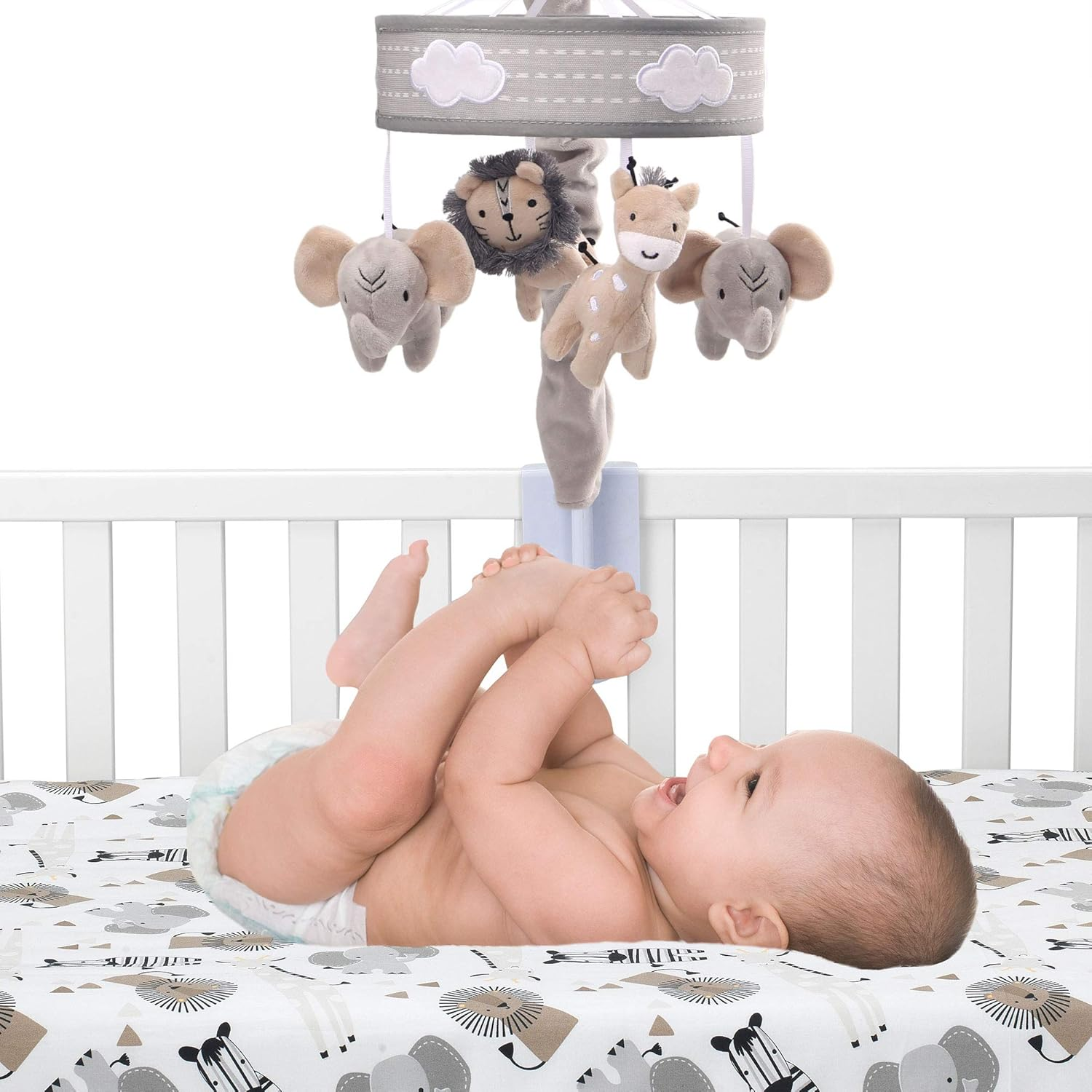 Lambs & Ivy Jungle Safari Musical Baby Crib Mobile - Gray, Beige, White, Animals image number 2