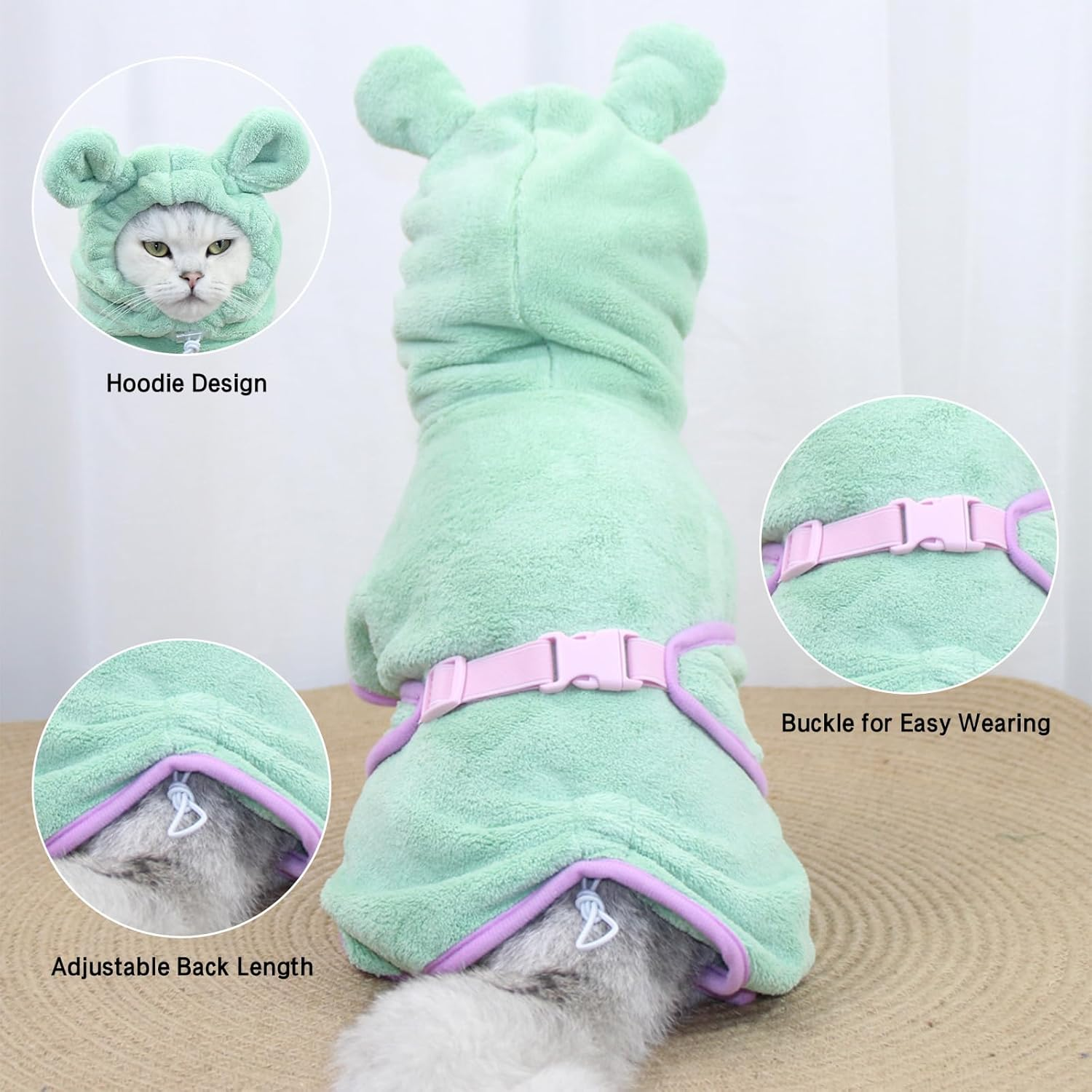 Fnaobai Pet Bathrobe for Dog Cat Absorbently Quick Drying Coat Cute Dogs Bath Towel Hooded Robe Adjustable Collar & Belly Strap for Pool Beach (Pink, XS) image number 6