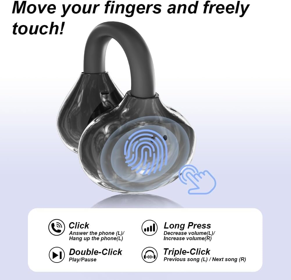 Caijin Clip-On Open-Ear Bluetooth Headphones, Wireless, Bluetooth 6.0, 60 Hours Ultra Long Battery Life, Comfortable and Pain-Free, Ideal for Sports, Office & Fitness, Black image number 2