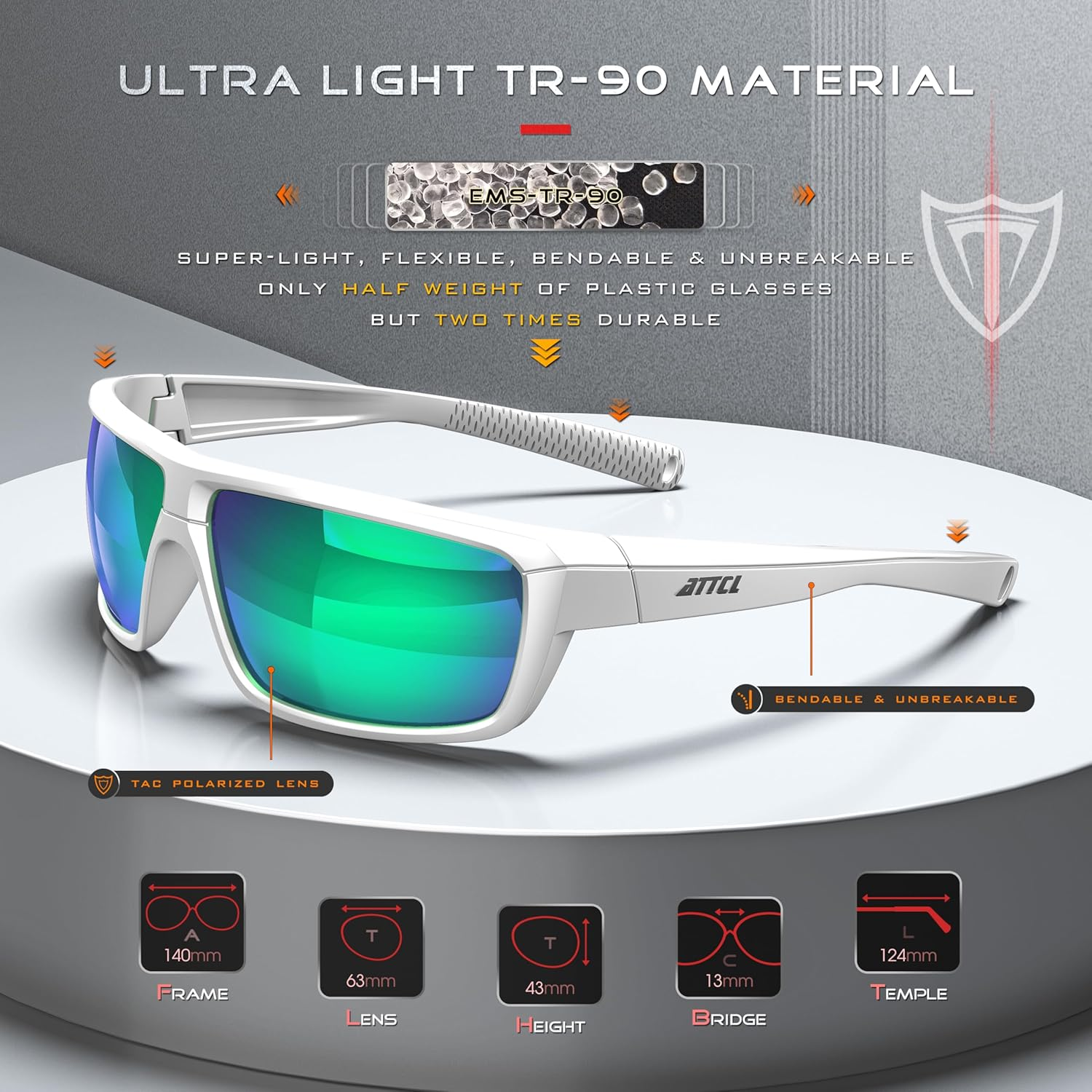 ATTCL Polarized Wrap Sunglasses for Men: Rectangle TR90 Frame, UV400 Protection Sport Glasses for Running, Driving, Fishing and Outdoor Activities - 5001-Clear+Green/Mirrored image number 4