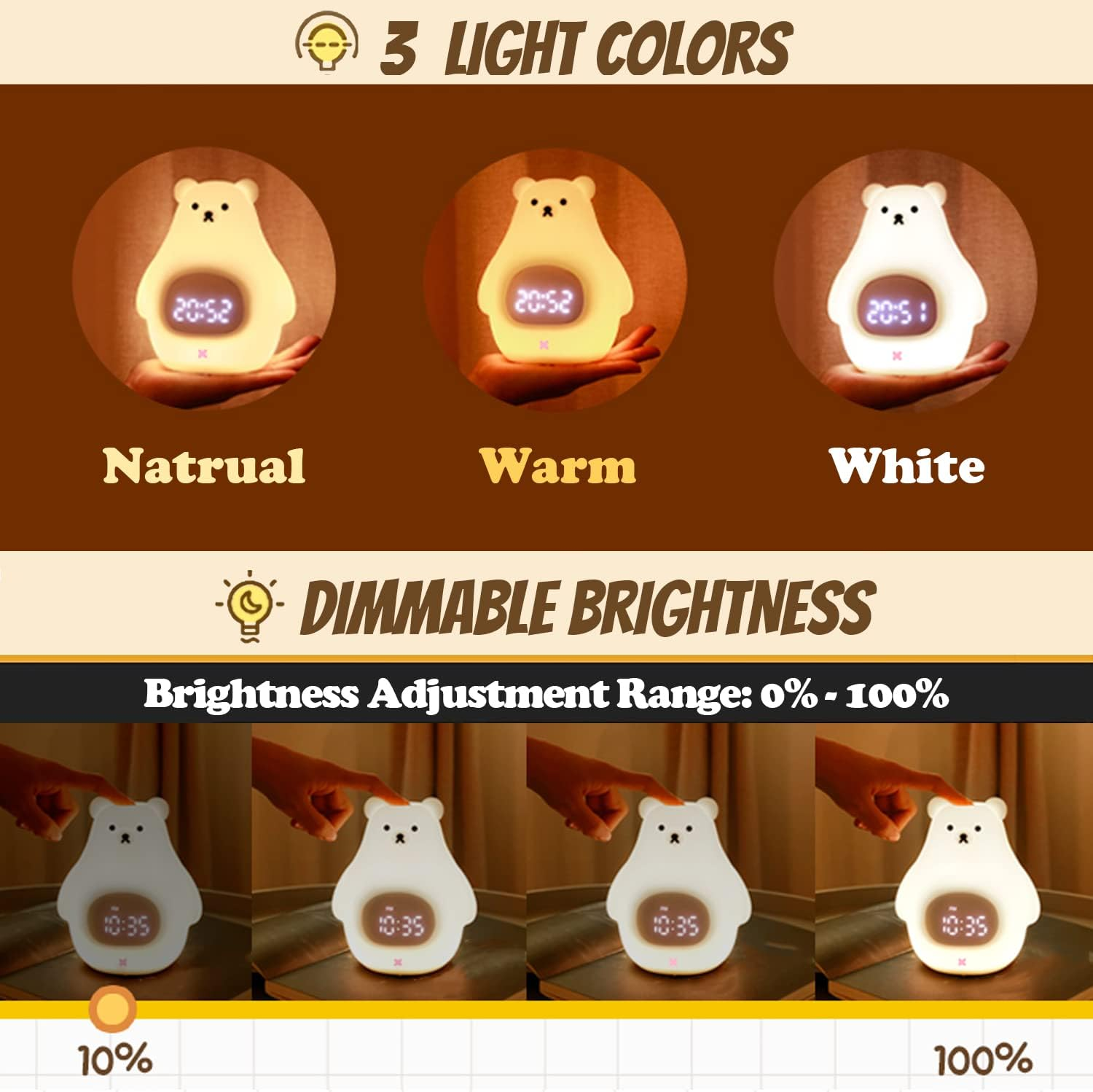 Bear Night Light, Cute Kids Alarm Clock, Soft Bpa-Free Silicone Portable Nursery Lamp, Children USB Rechargeable Nightlight for Girls Boys Toddler Birthday Gifts Bedroom Room Decor - Purple image number 5