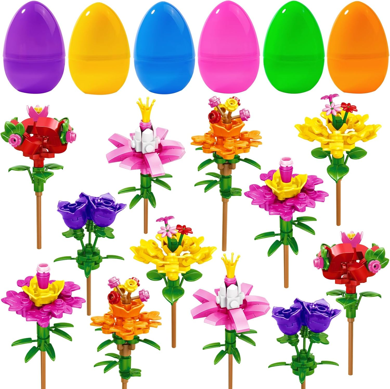 DIYDEC 12PCS Easter Flower Building Blocks with Easter Eggs Toys Building Brick Blocks for Party Favor Easter Basket Stuffers Toys Stacking Block Sets for Kids Adults Classroom Prizes Gifts image number 4