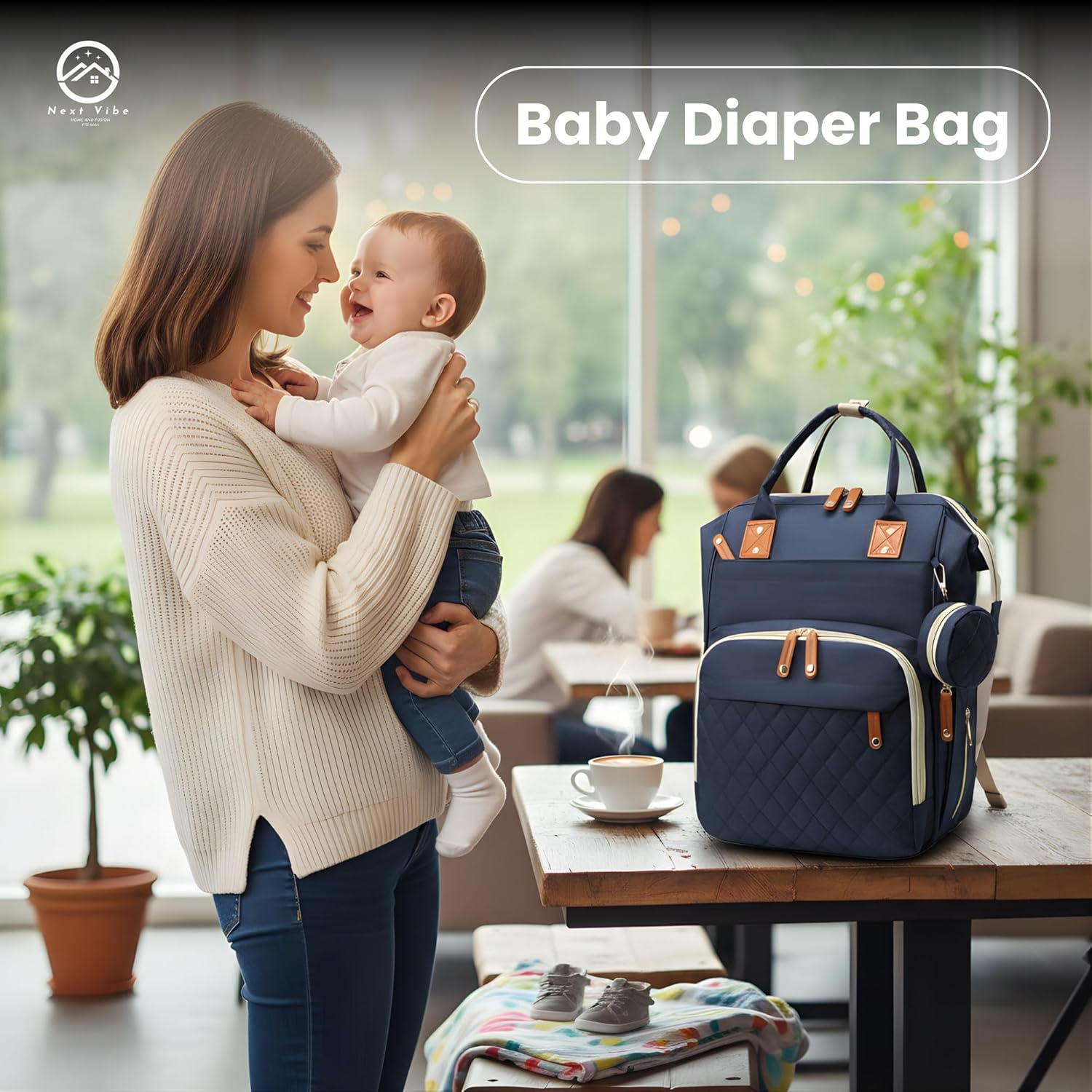 Next Vibe - (Blue) Nappy Changing Bag Baby Care Backpack with Multiple Pockets &ndash; Large Capacity Travel Diaper Bag for Mom & Dad &ndash; Waterproof, Stylish, and Durable Baby Essentials Organizer image number 2