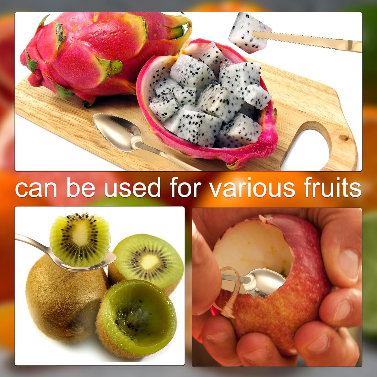 3Pcs Grapefruit Spoons and Knife Set with Serrated Edge, Stainless Steel Grapefruit Curved Serving Utensils for Citrus Lemon Kiwi Melon Lime Apple Puree Pitaya Fruit Eating Tool (Gold)