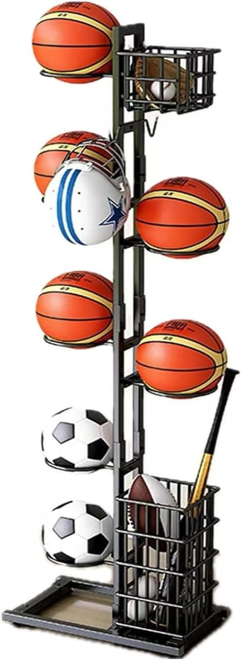 Basketball Storage Rack, Independent Basketball Rack, Sports Equipment Storage Rack with Baskets and Hooks, Suitable for Vertical Ball Racks for Football, Volleyball, Rugby, Basketball, and Badminton.
