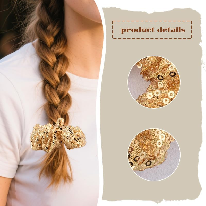 Gold Sequin Scrunchies for Girls Women Bling Elastic Hair Ties Bands Ropes Ponytail Holders for Christmas Party Hair Accessories Cheerleadering Hair Scrunchie Scrunchy 2 PCS image number 4