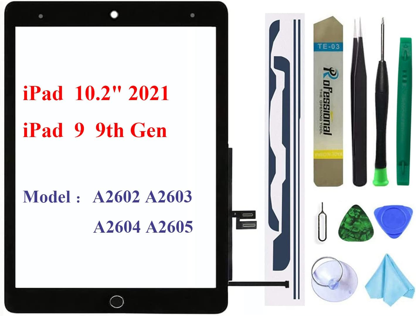 Screen Replacement for Ipad 9 9Th Generation 10.2", for Ipad 9 9Th Gen 2021 (A2602 A2603 A2604 A2605) Digitizer Replacement with Home Button(Not Include LCD) + Full Repair Kit（Black） image number 3
