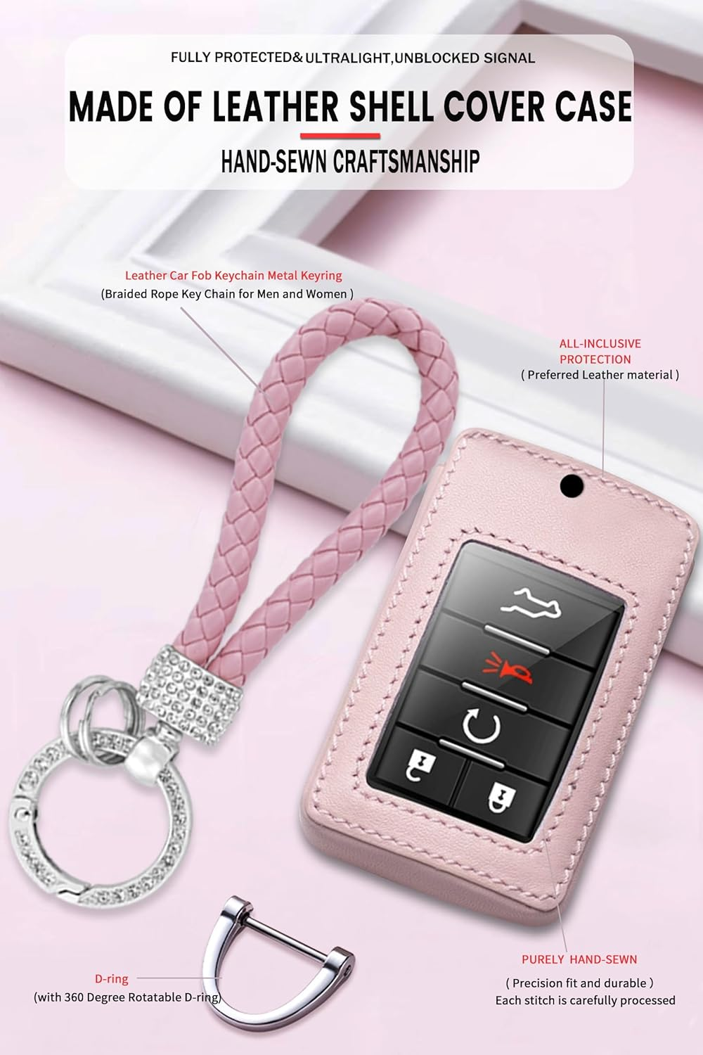 Ontto Leather Car Key Fob Cover Fit for Chevy Corvette C7 for Holden Captiva CG7 for Cadillac DTS SLS SRX XLS STS Escalade Key Case Holder Shell Key Chain Keyring Protector Car Styling Accessories - 1-Black image number 7