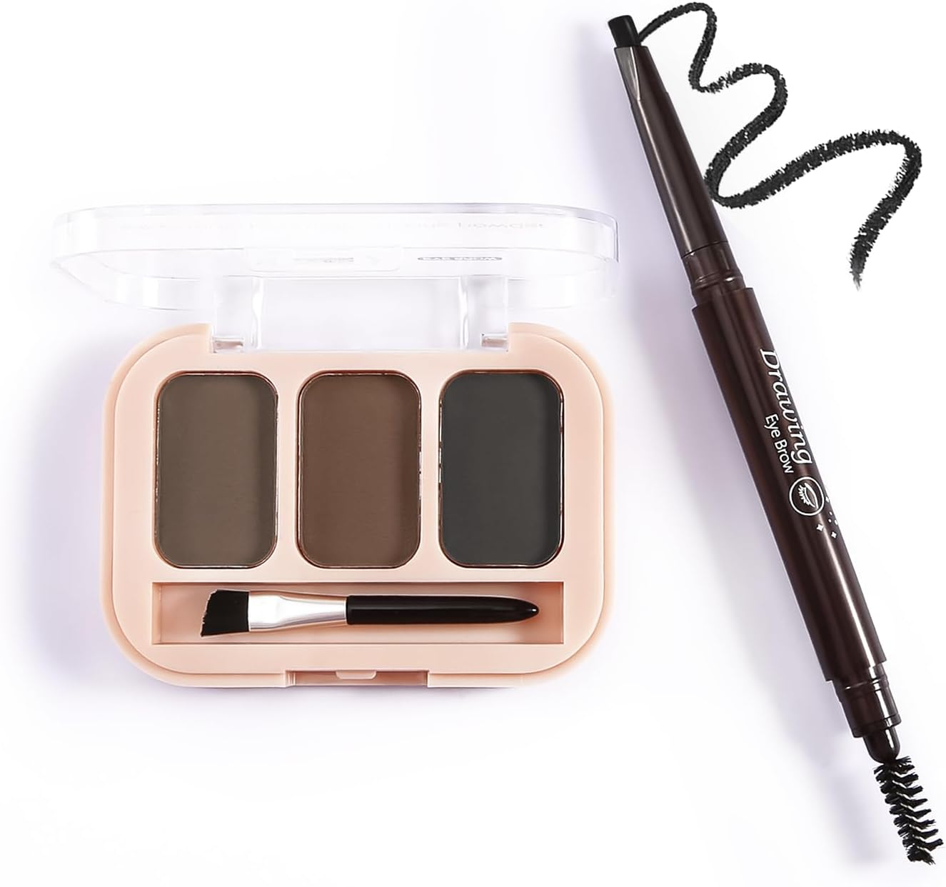 Boobeen 3 Colour Brow Powder and Dual-Ended Eyebrow Pencil Set with Angled Brush，Microblading Eyebrow Pen with Spiral Brush，Creates 3D Brows All Day Long