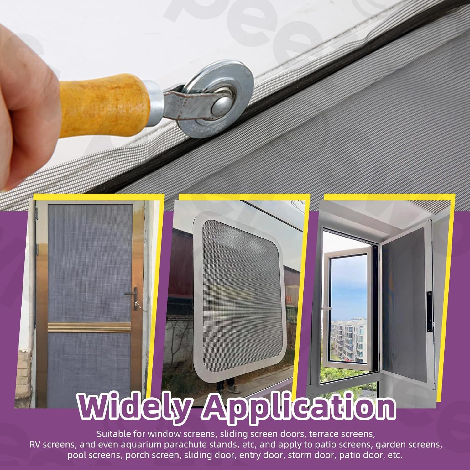 Swpeet 4Pcs Screen Repair Kit, Include Black Screen Mesh, Double Sided Screen Roller, Window Screen Hooks, Retainer Spline, for Replacing & Installing Door and Window Screens image number 4